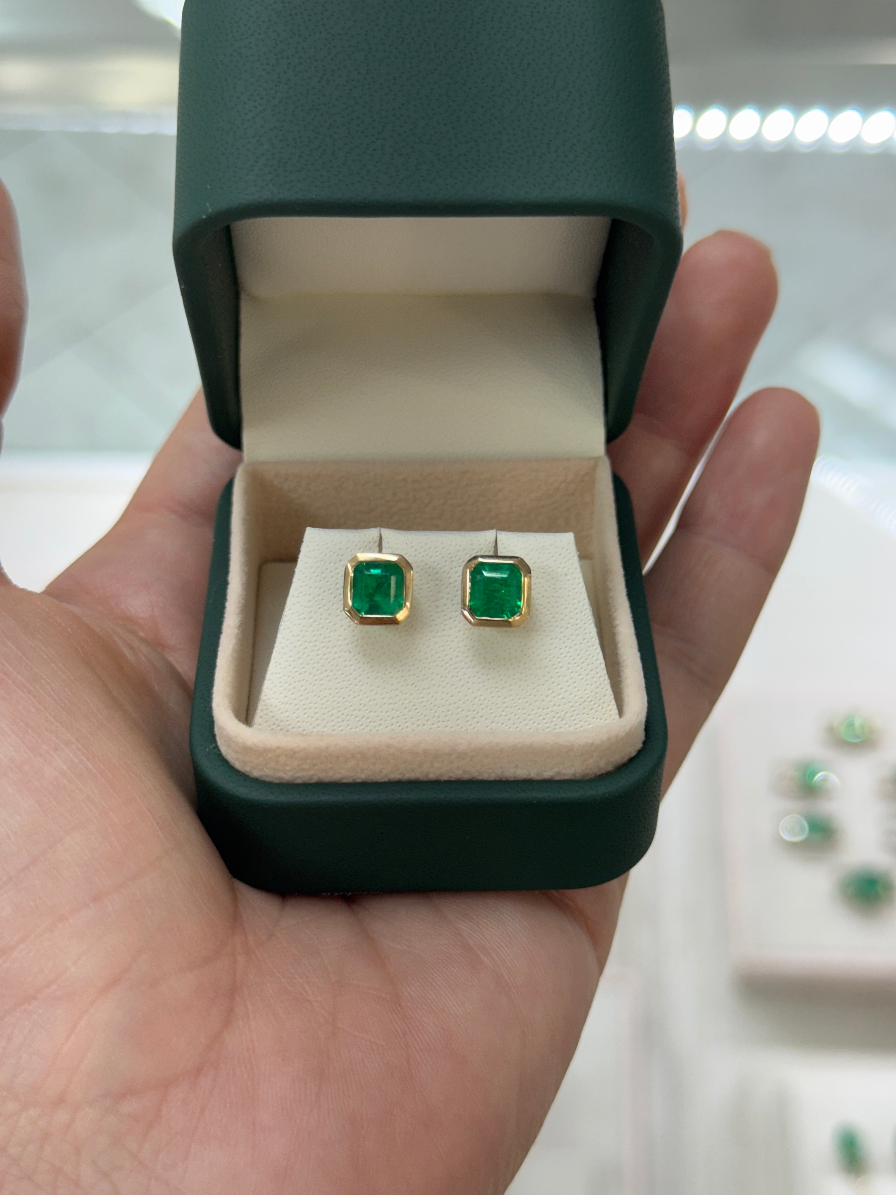 2.19tcw Fine Yellowish Green Asscher Cut Colombian Emerald Bezel Studs 18K