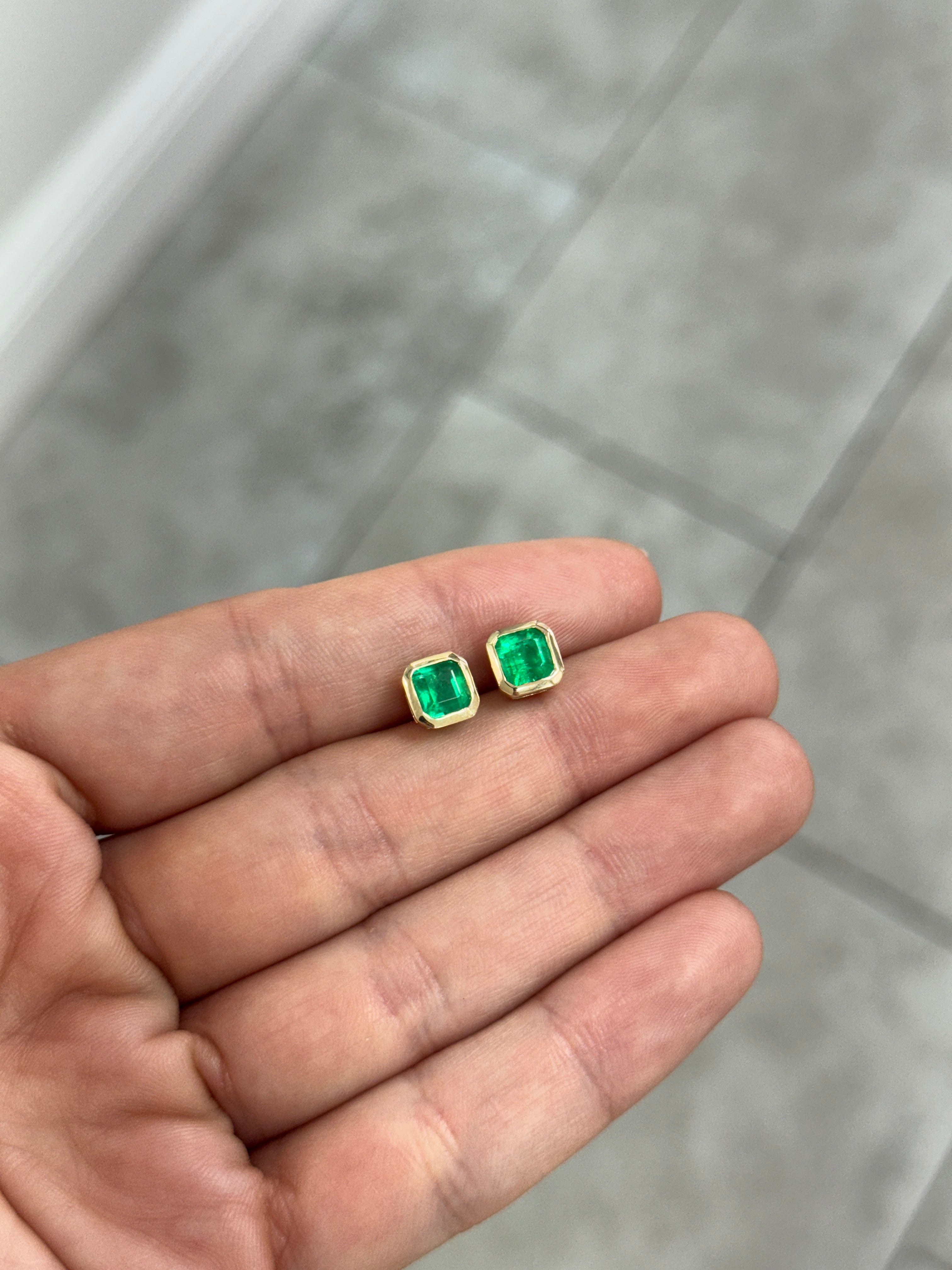 2.19tcw Fine Yellowish Green Asscher Cut Colombian Emerald Bezel Studs 18K