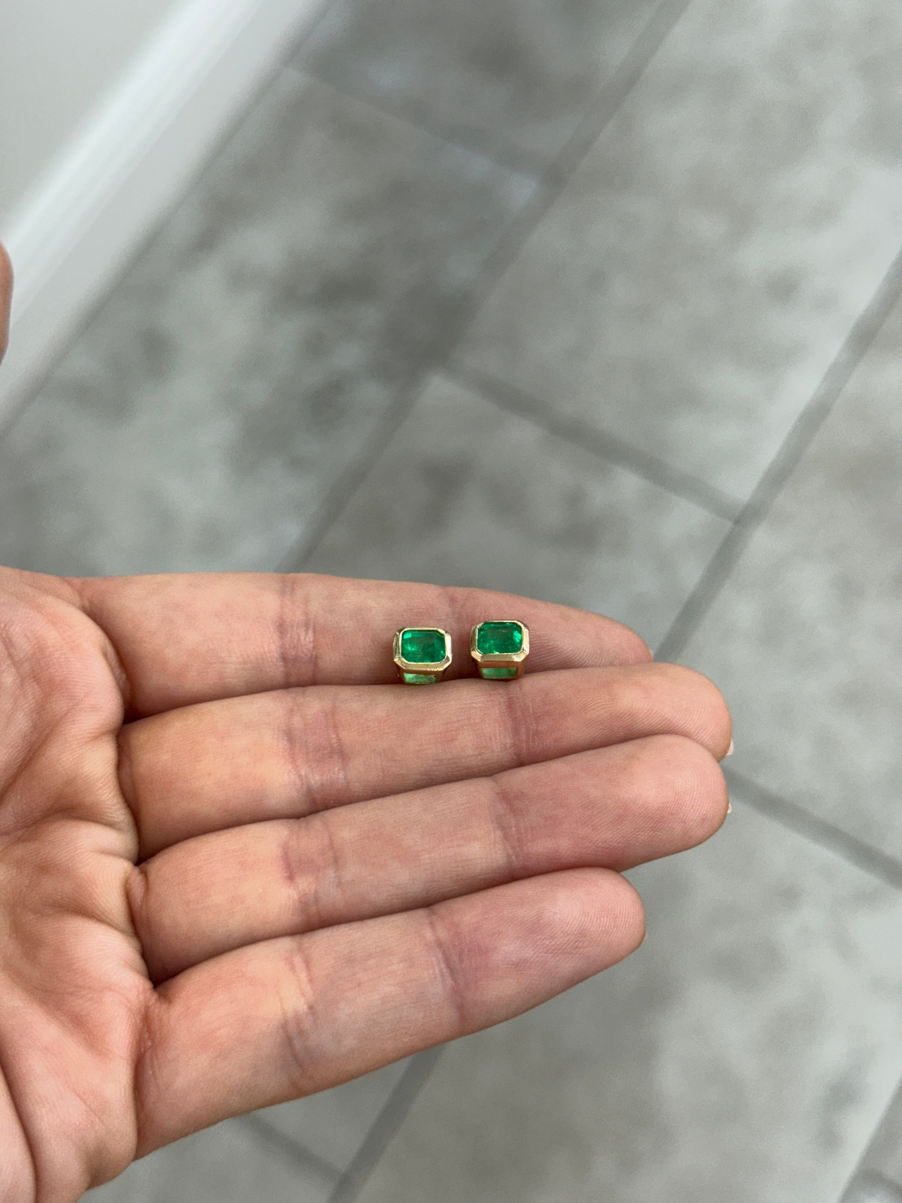 2.19tcw Fine Yellowish Green Asscher Cut Colombian Emerald Bezel Studs 18K