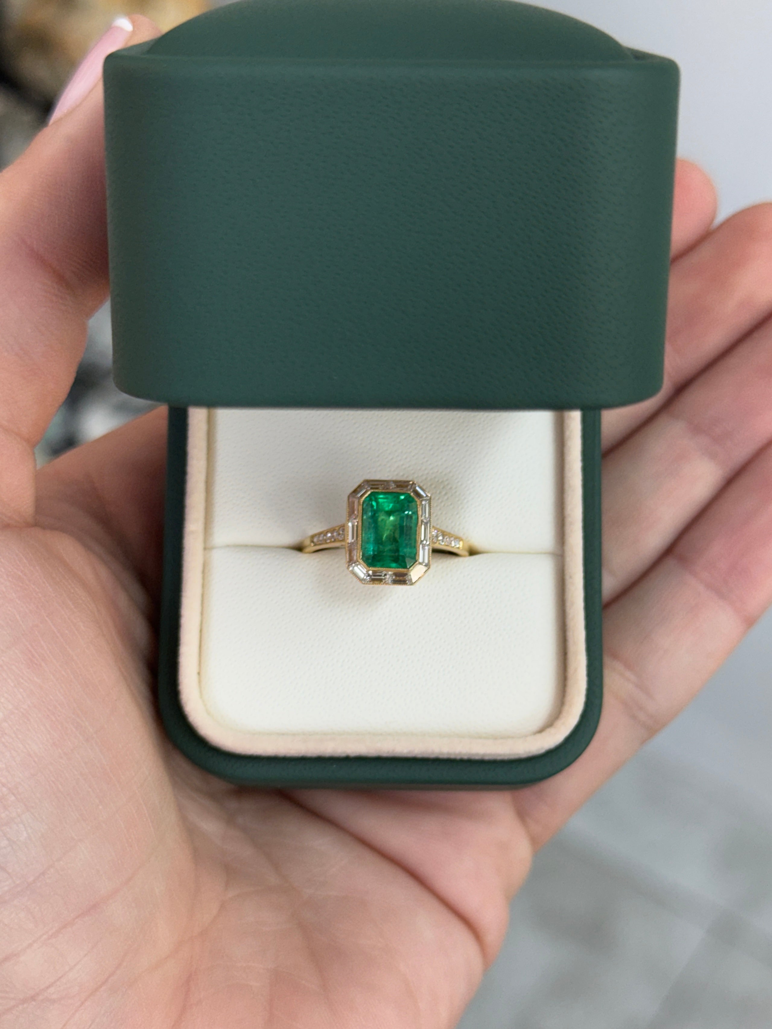 2.75tcw 18K Vivid Rich Medium Green Emerald Cut Emerald & Baguette Diamond Halo with Diamond Accent Shank