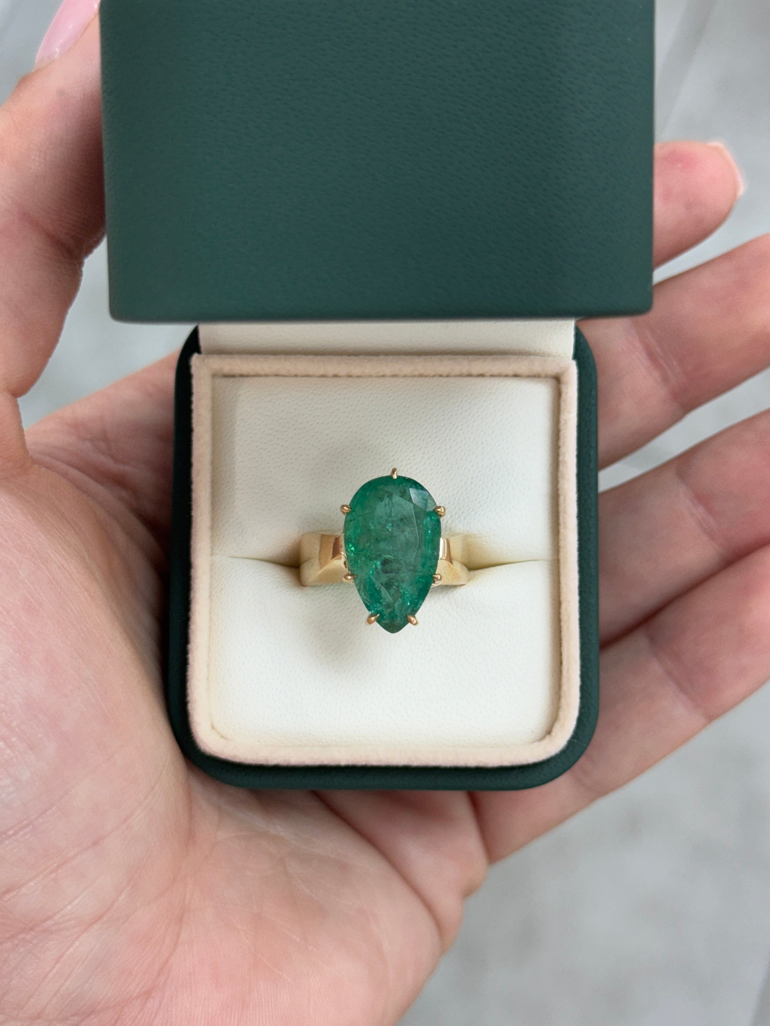 7.60 Carat Old World Pear Cut Emerald Wide Band Multi Prong Solitaire Ring 14K