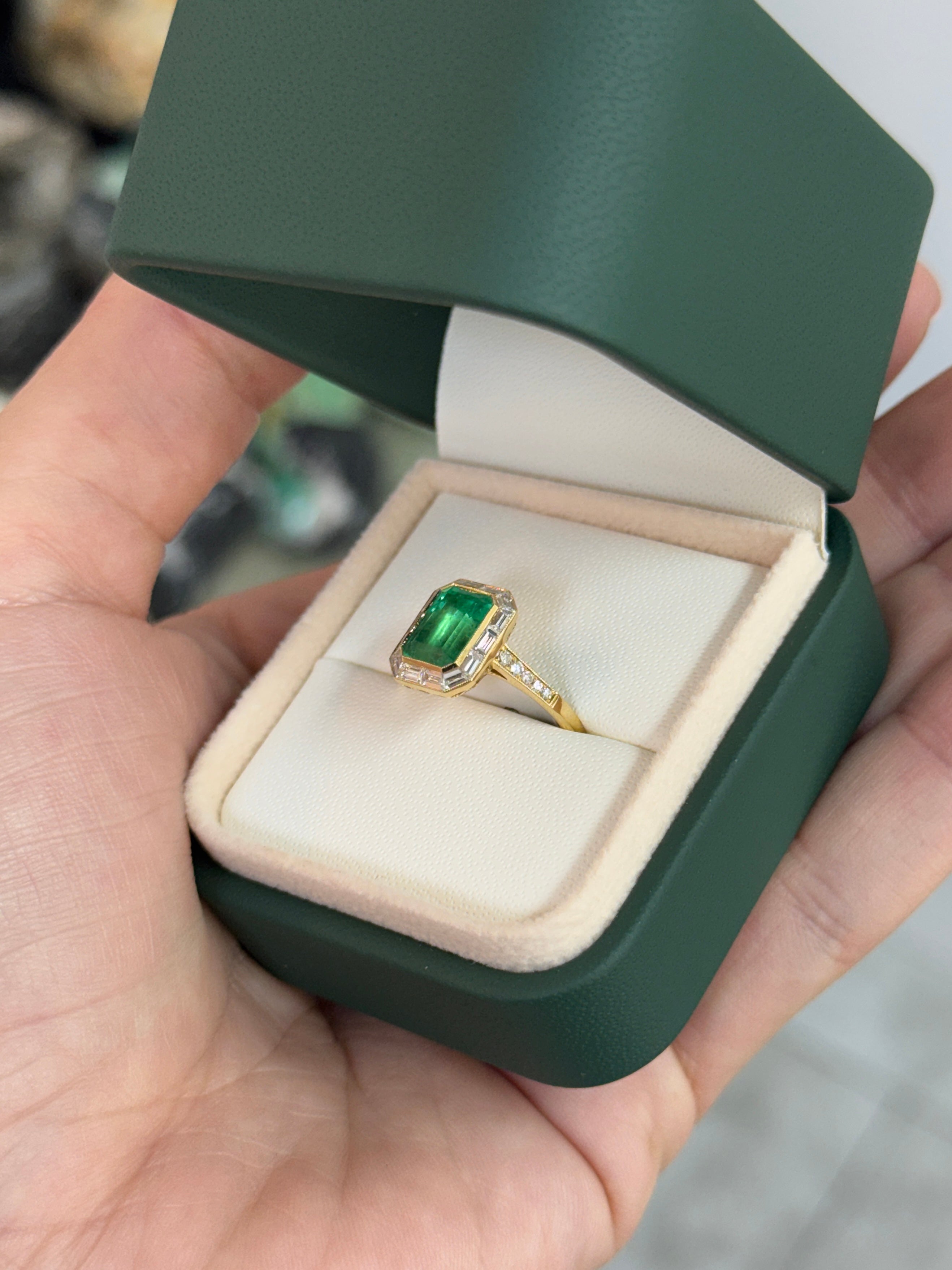 2.75tcw 18K Vivid Rich Medium Green Emerald Cut Emerald & Baguette Diamond Halo with Diamond Accent Shank