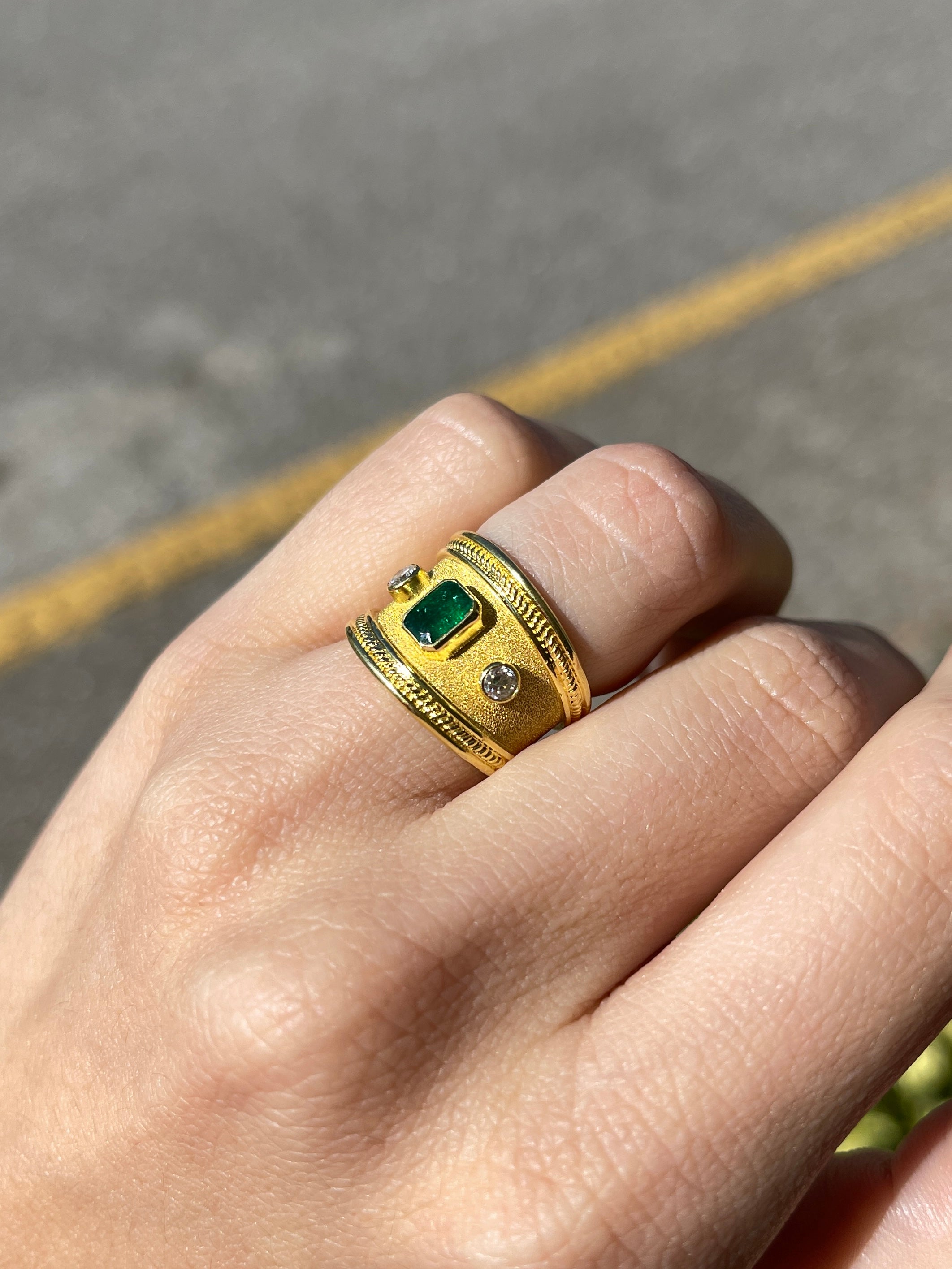 18K Byzantine Emerald & Diamond Three Stone Ring Size 6