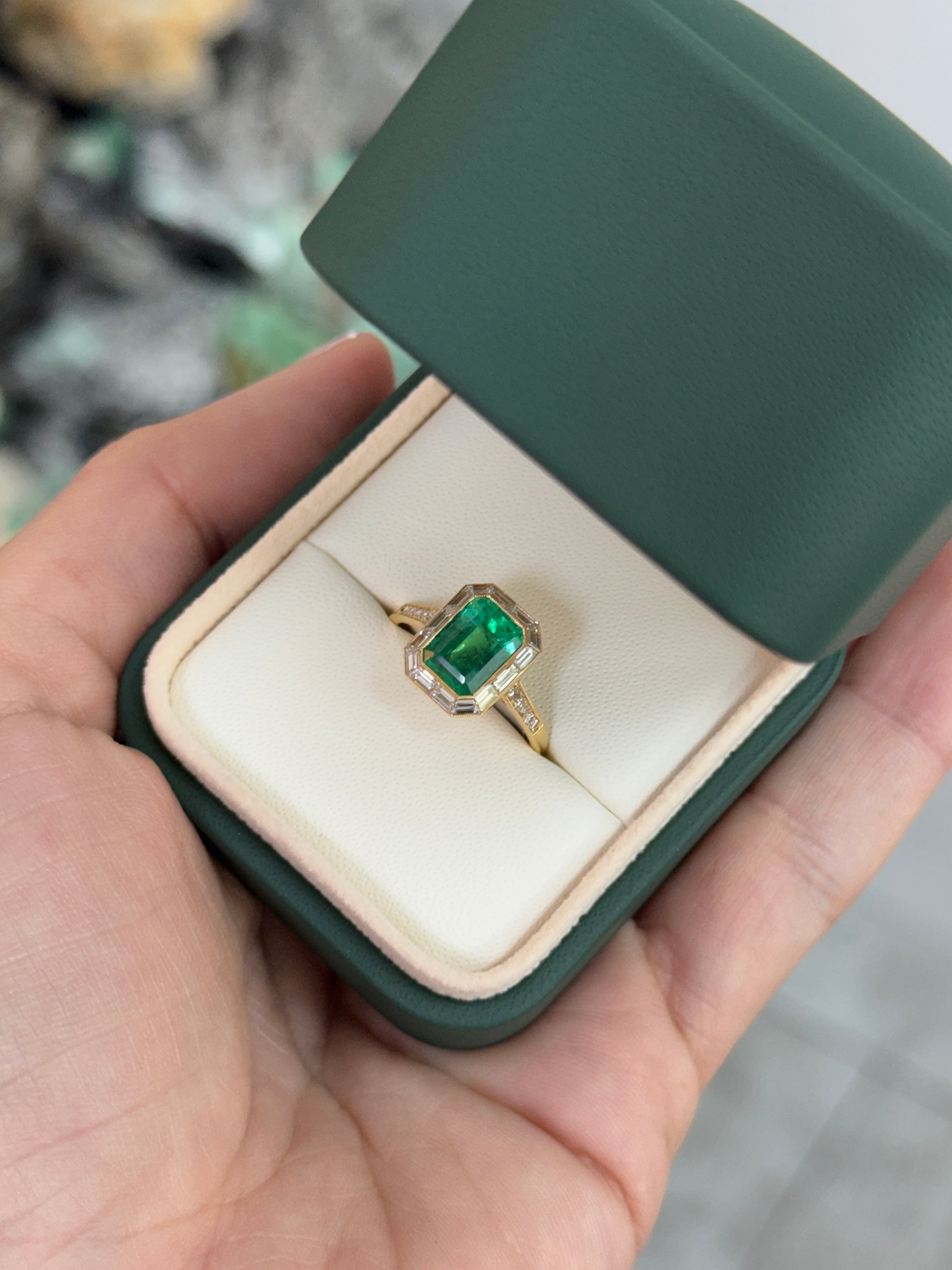 2.75tcw 18K Vivid Rich Medium Green Emerald Cut Emerald & Baguette Diamond Halo with Diamond Accent Shank