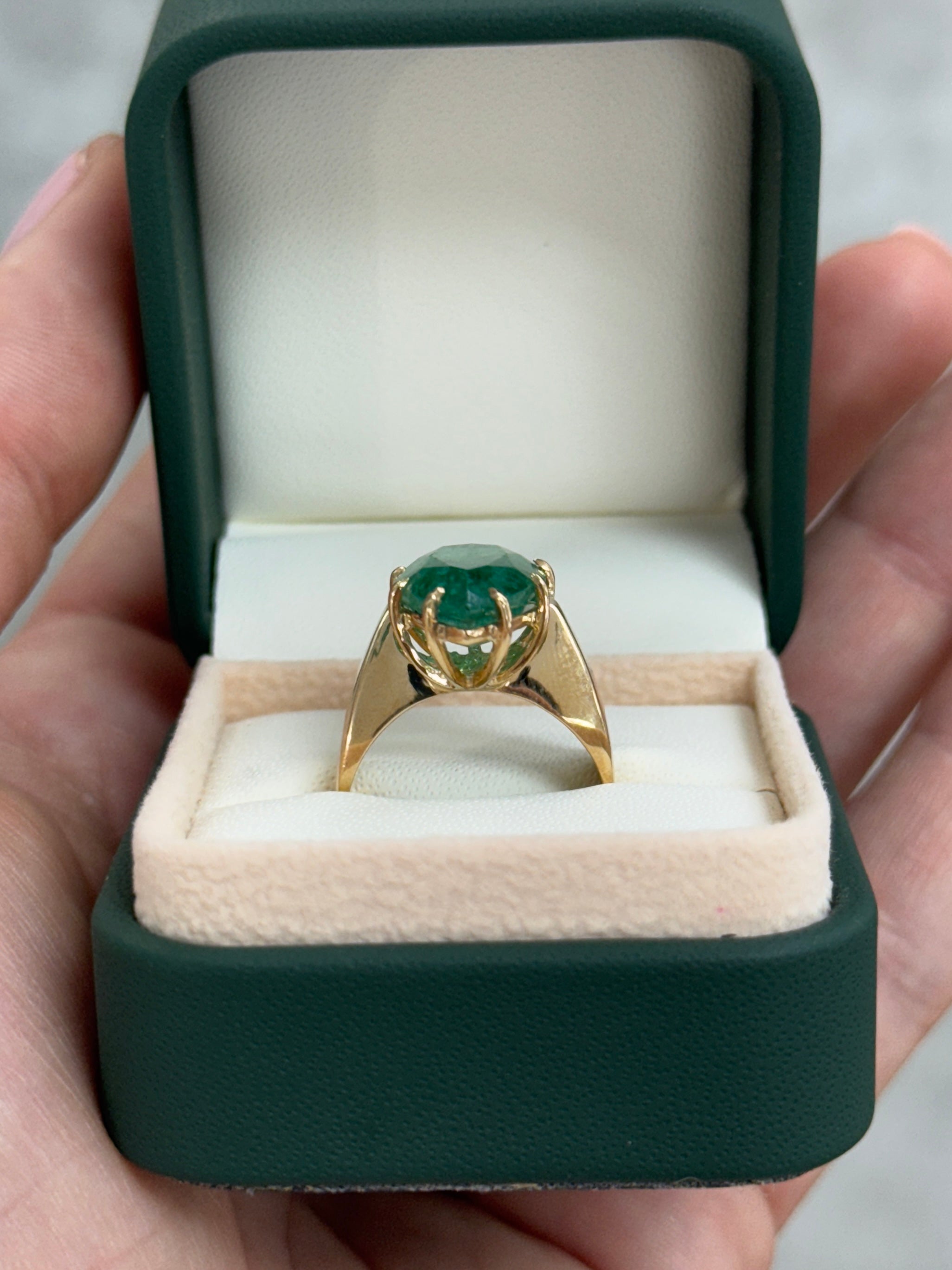 7.60 Carat Old World Pear Cut Emerald Wide Band Multi Prong Solitaire Ring 14K