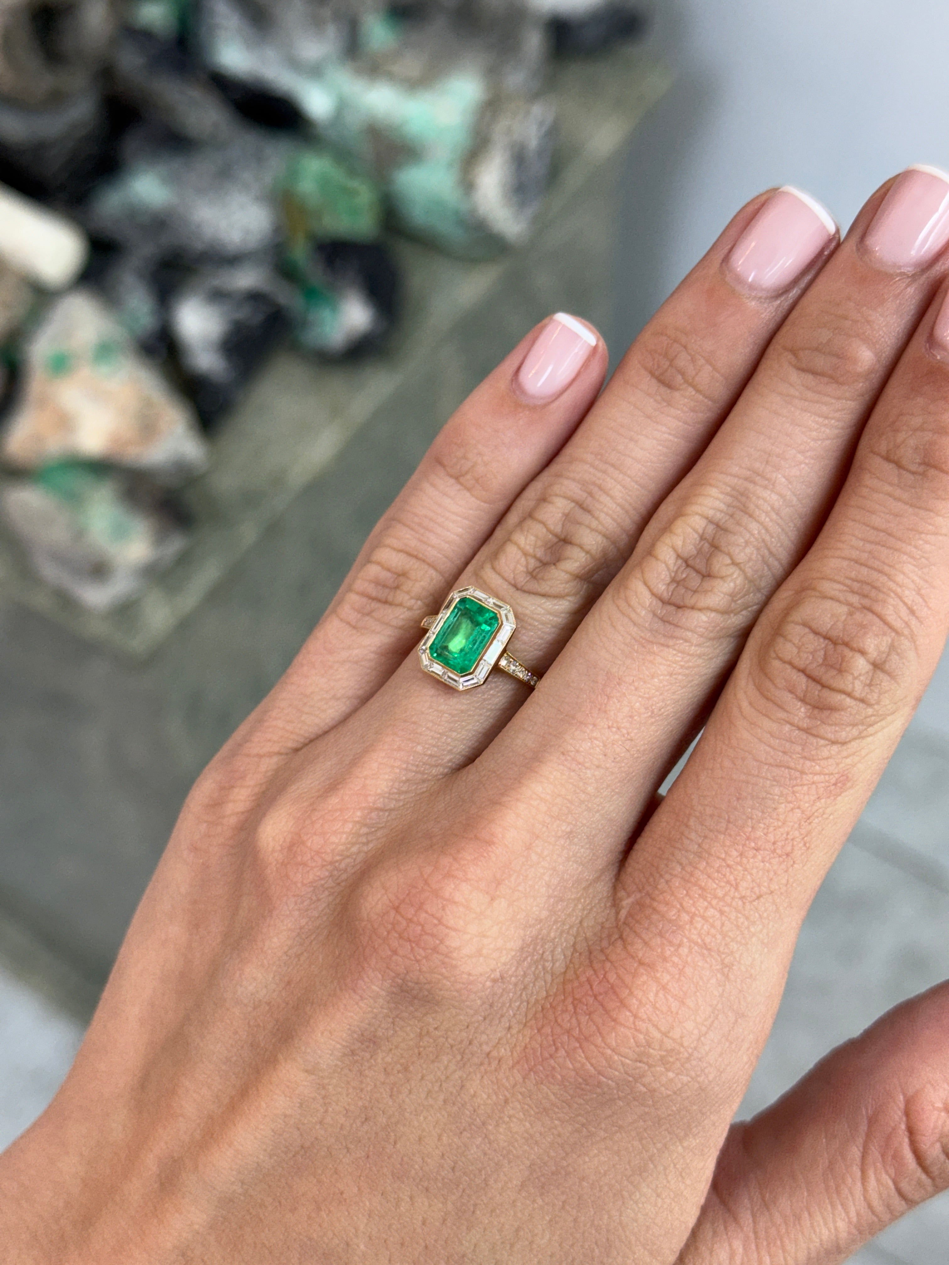2.75tcw 18K Vivid Rich Medium Green Emerald Cut Emerald & Baguette Diamond Halo with Diamond Accent Shank