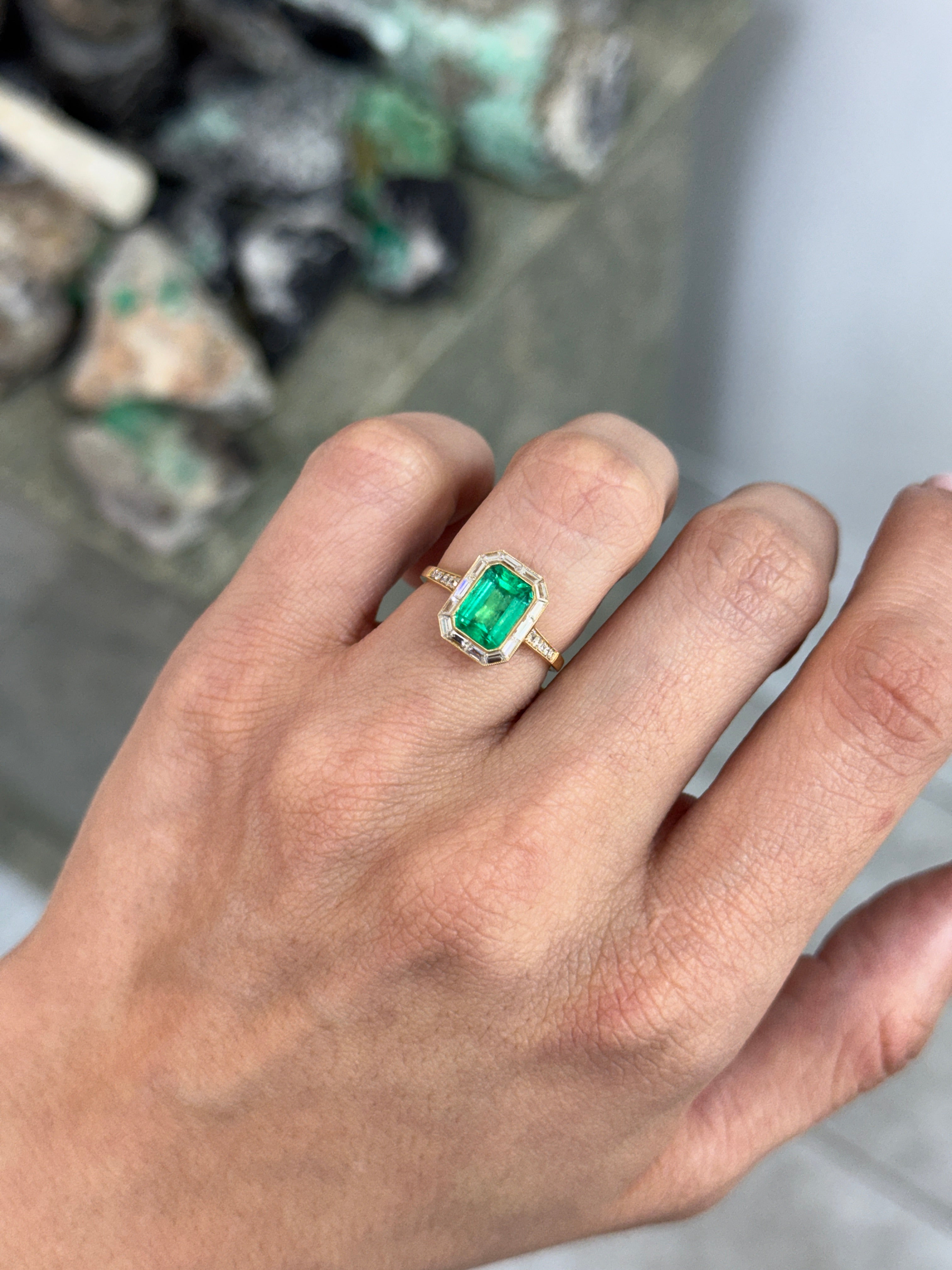 2.75tcw 18K Vivid Rich Medium Green Emerald Cut Emerald & Baguette Diamond Halo with Diamond Accent Shank