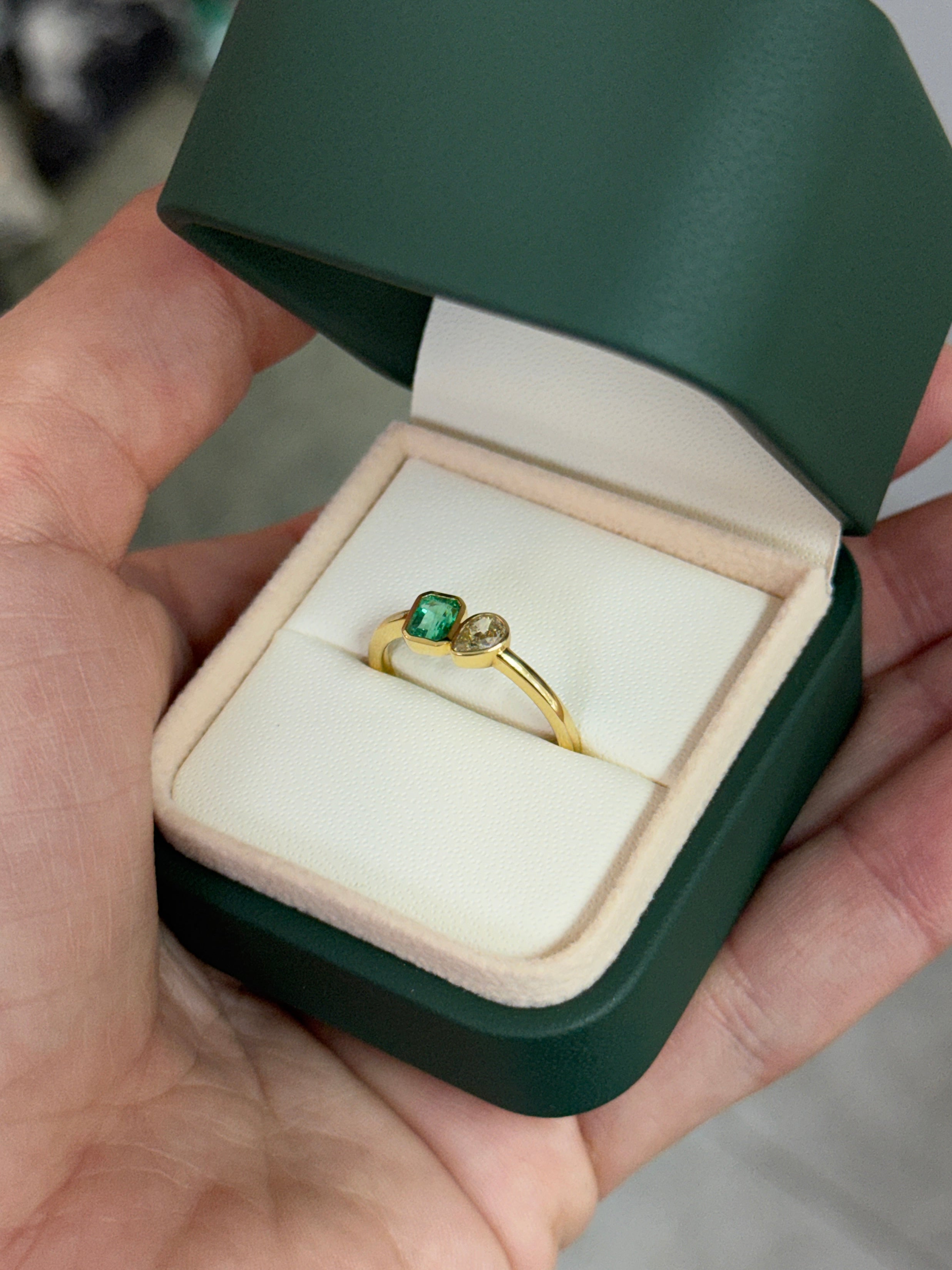 Natural Emerald Cut Emerald & Pear Fancy Yellow Diamond Toi Et Moi 14K