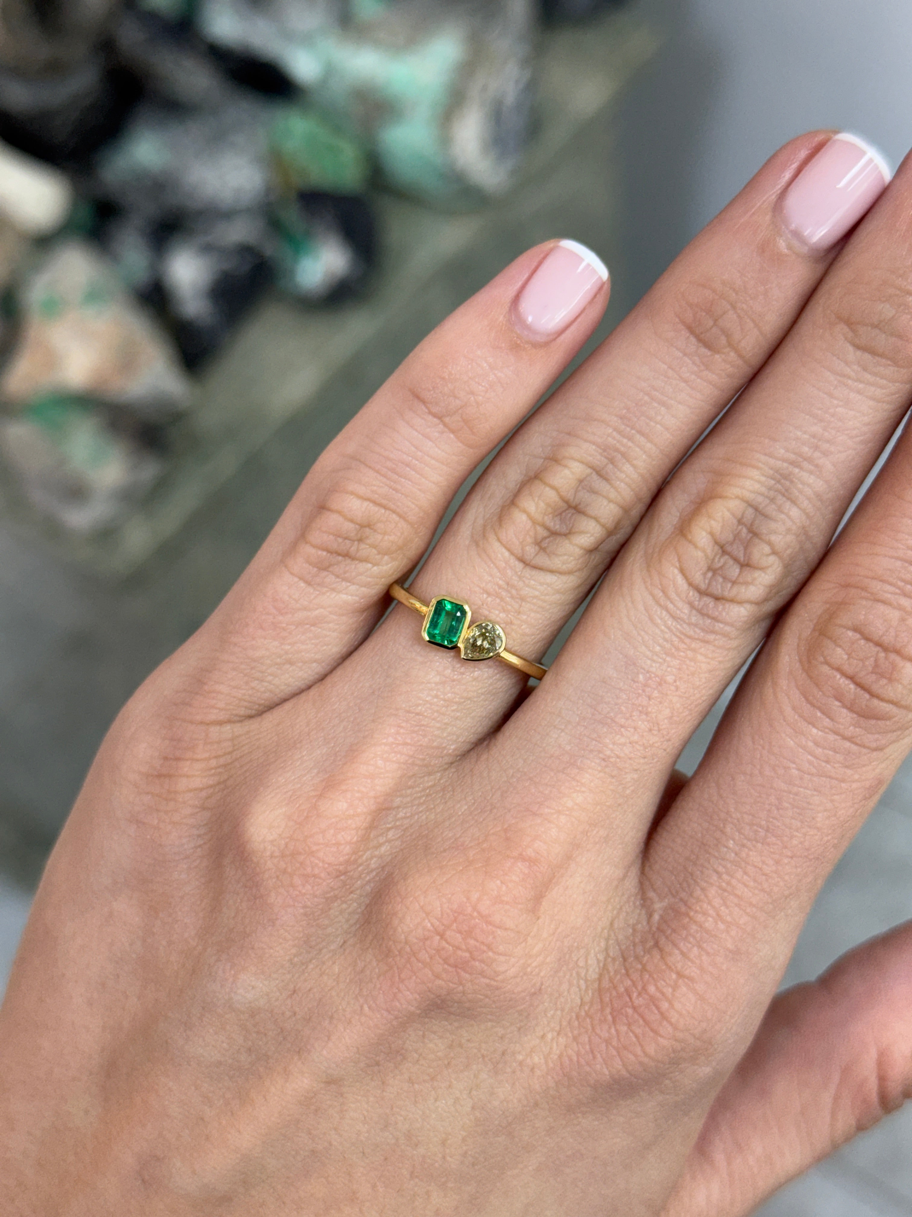 Natural Emerald Cut Emerald & Pear Fancy Yellow Diamond Toi Et Moi 14K