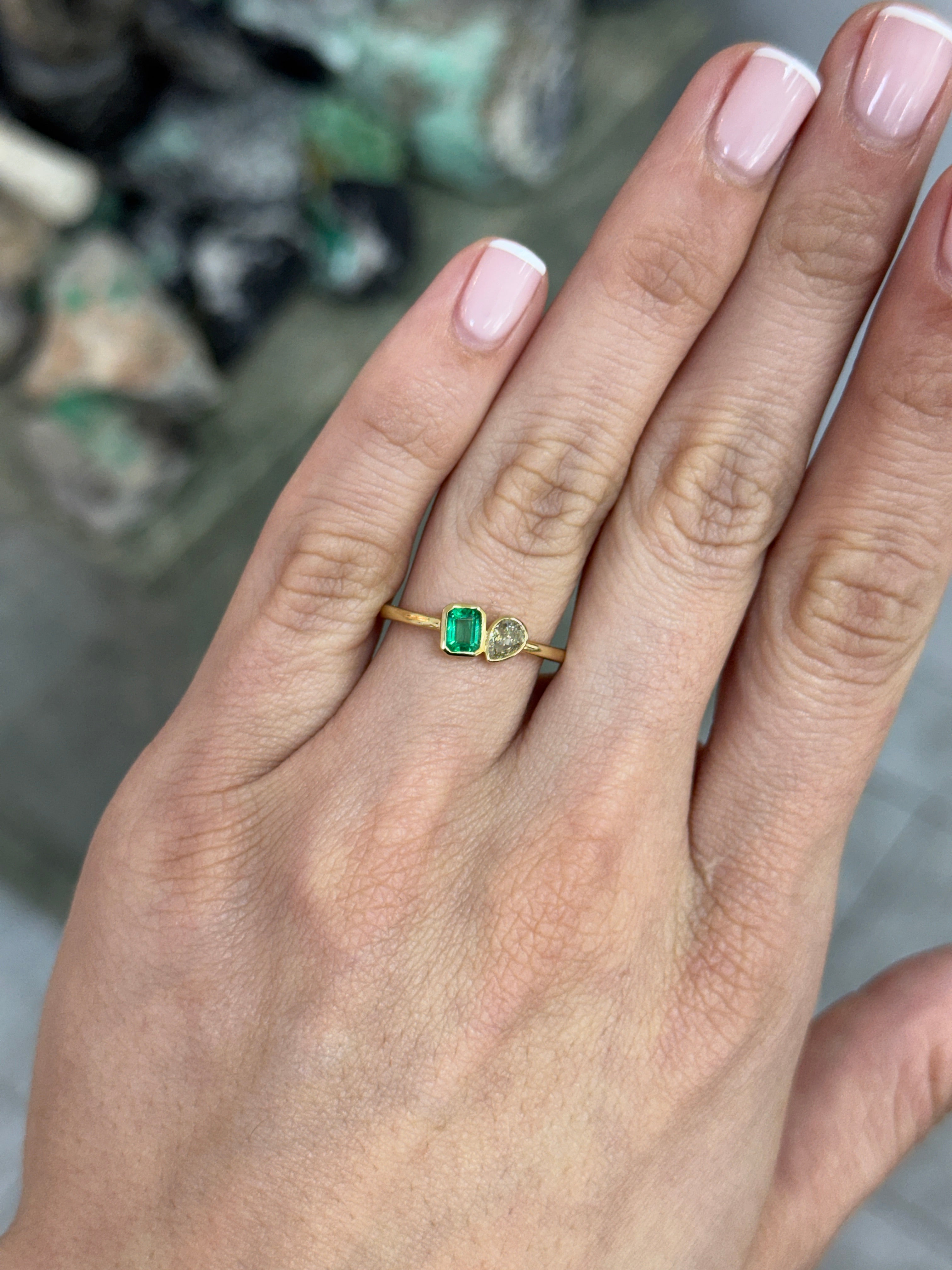 Natural Emerald Cut Emerald & Pear Fancy Yellow Diamond Toi Et Moi 14K