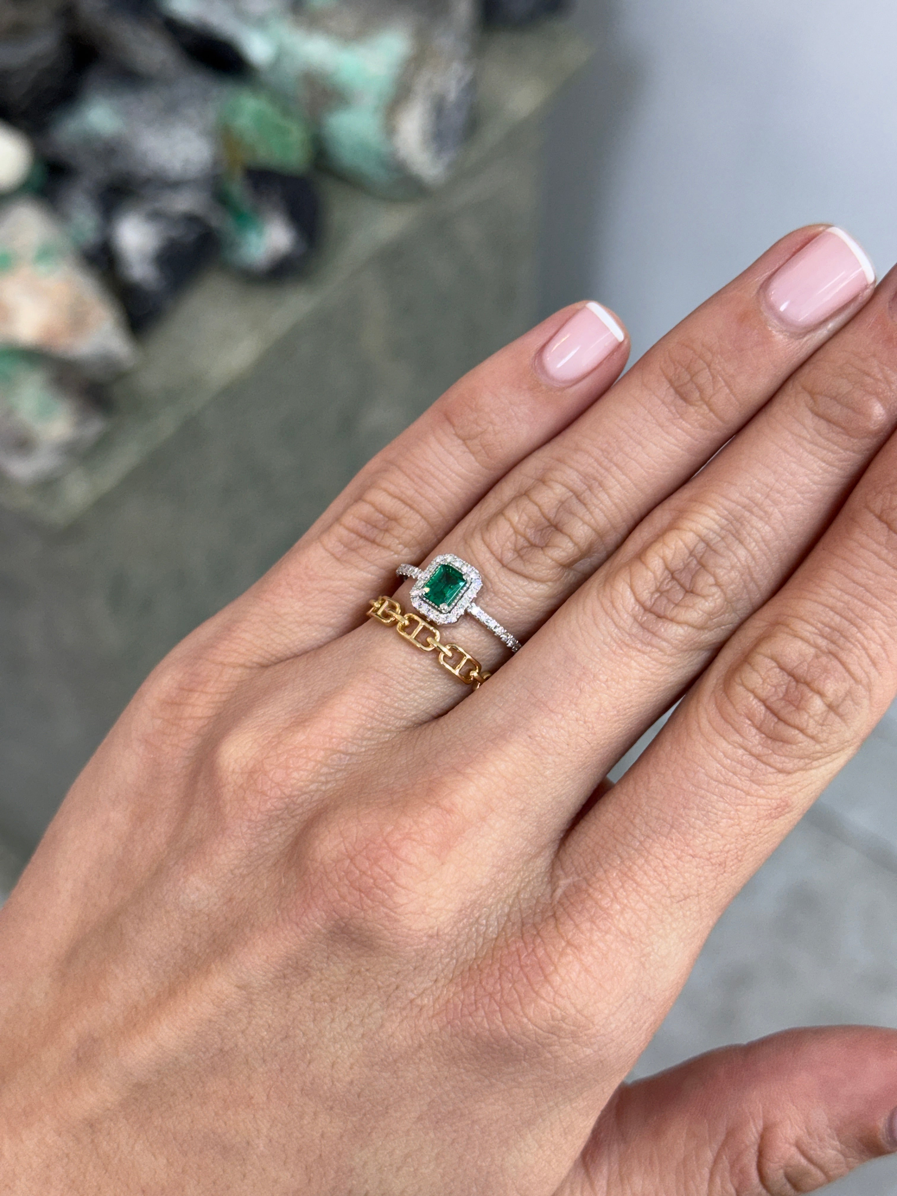 14K Emerald & Diamond Halo Wedding Ring Set