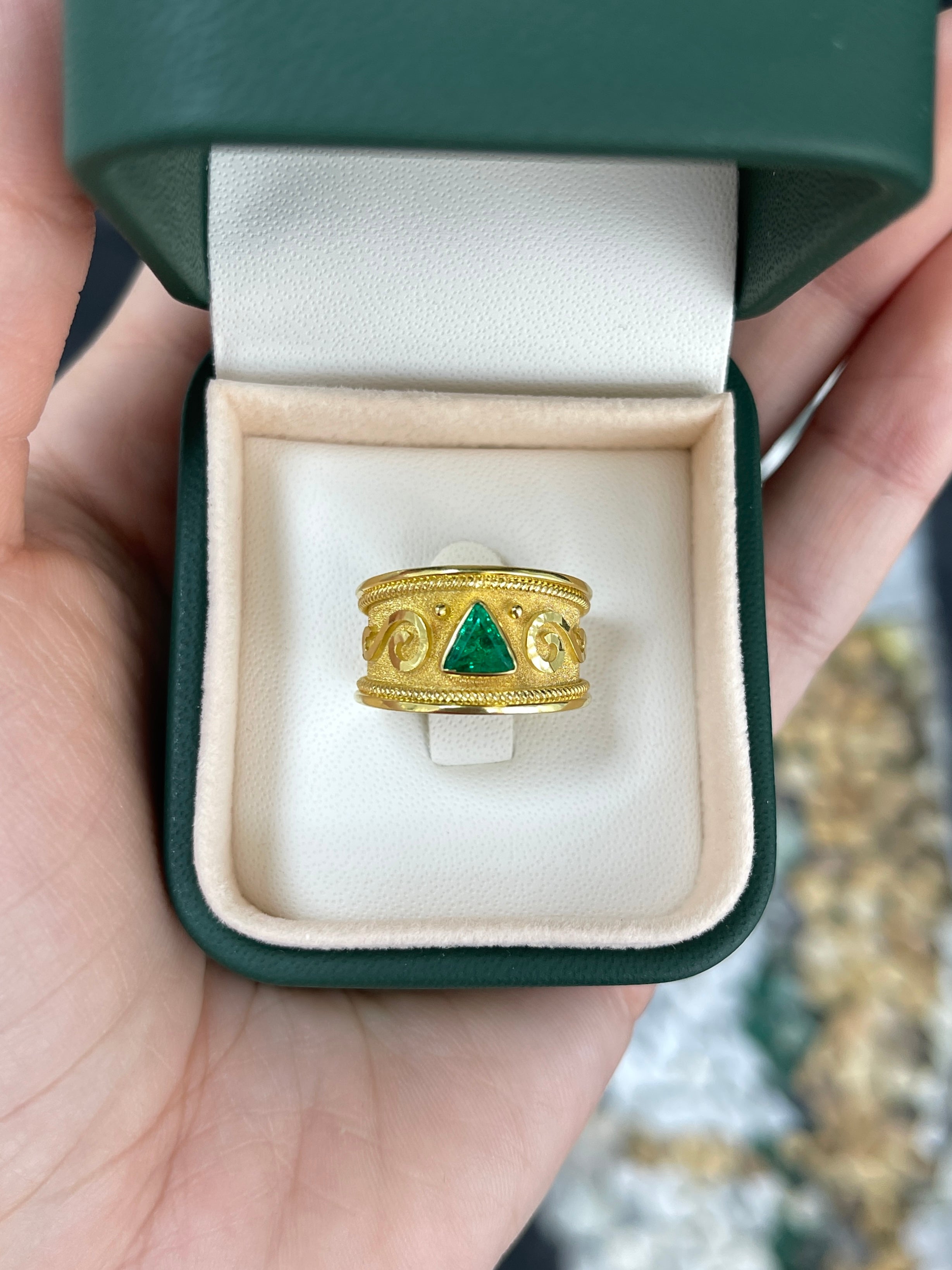 18K Byzantine Trillion Emerald Solitaire Ring Size 6