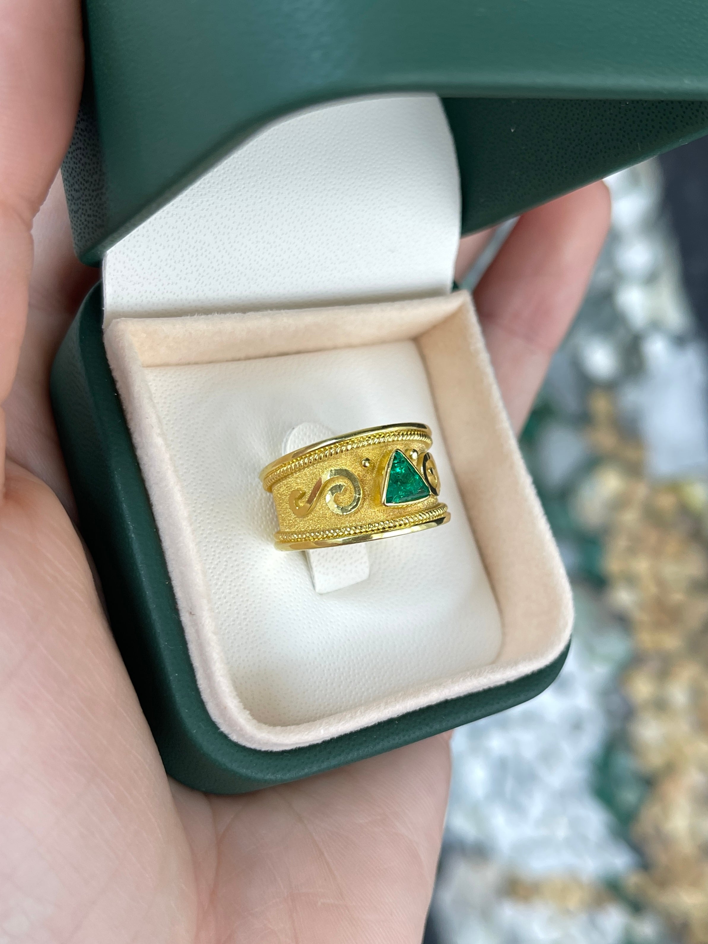 18K Byzantine Trillion Emerald Solitaire Ring Size 6