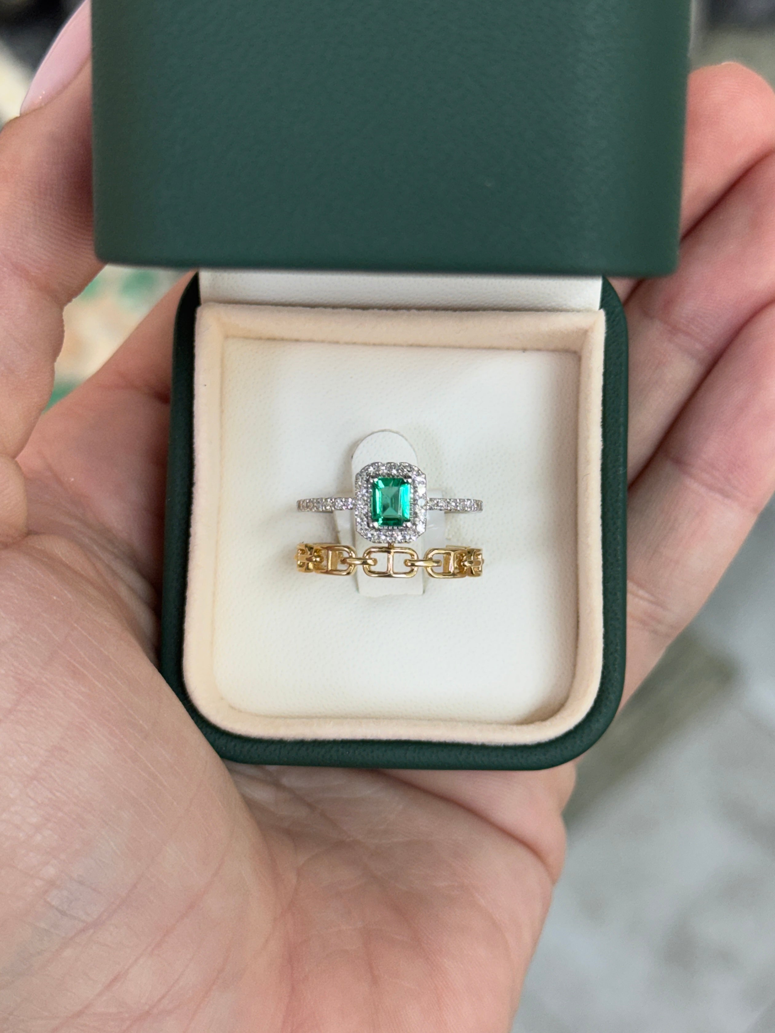 14K Emerald & Diamond Halo Wedding Ring Set