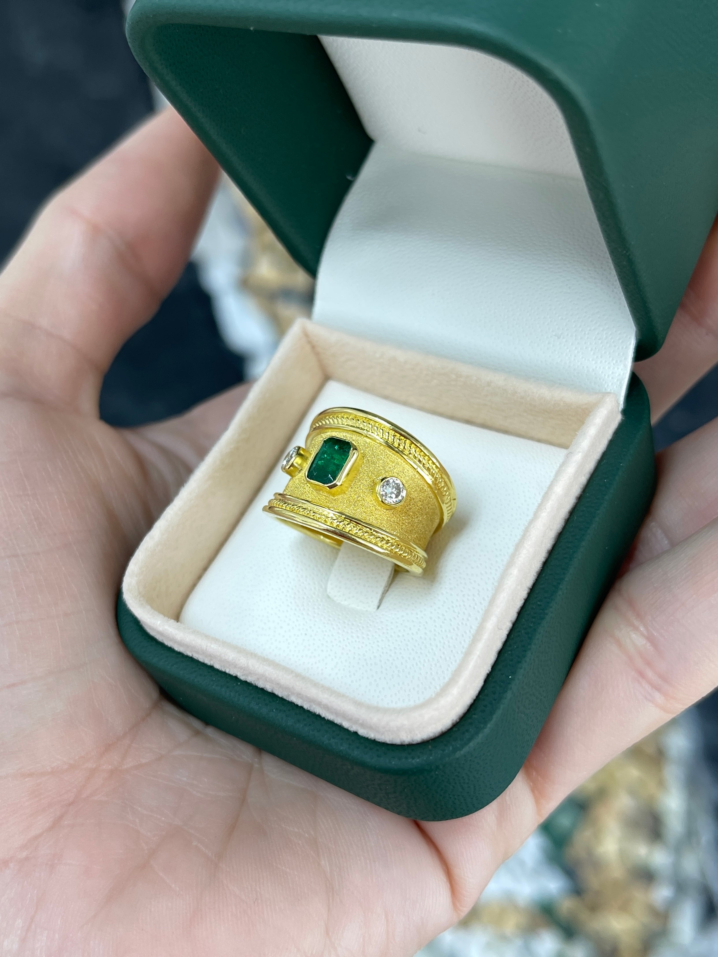 18K Byzantine Emerald & Diamond Three Stone Ring Size 6