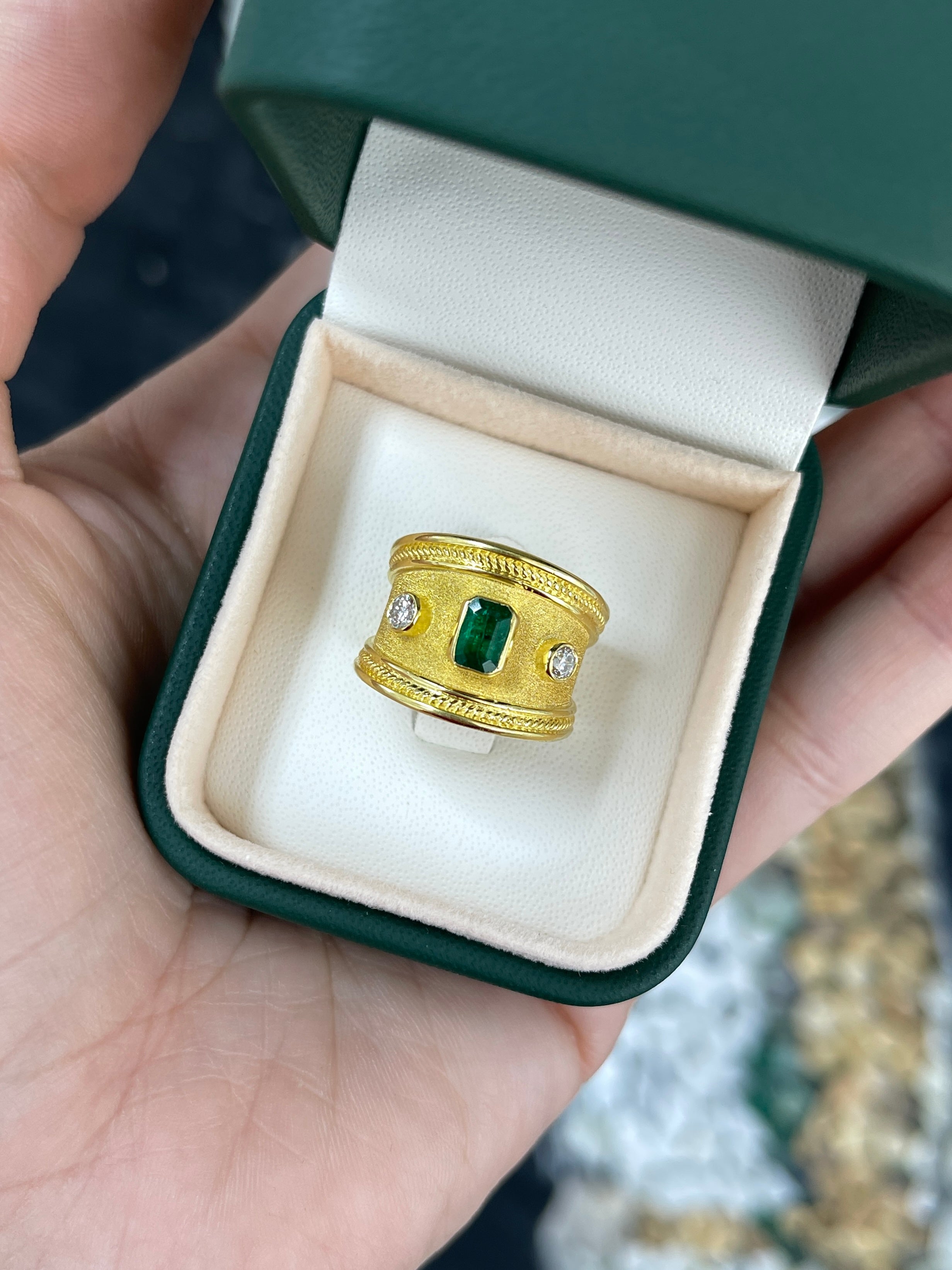 18K Byzantine Emerald & Diamond Three Stone Ring Size 6