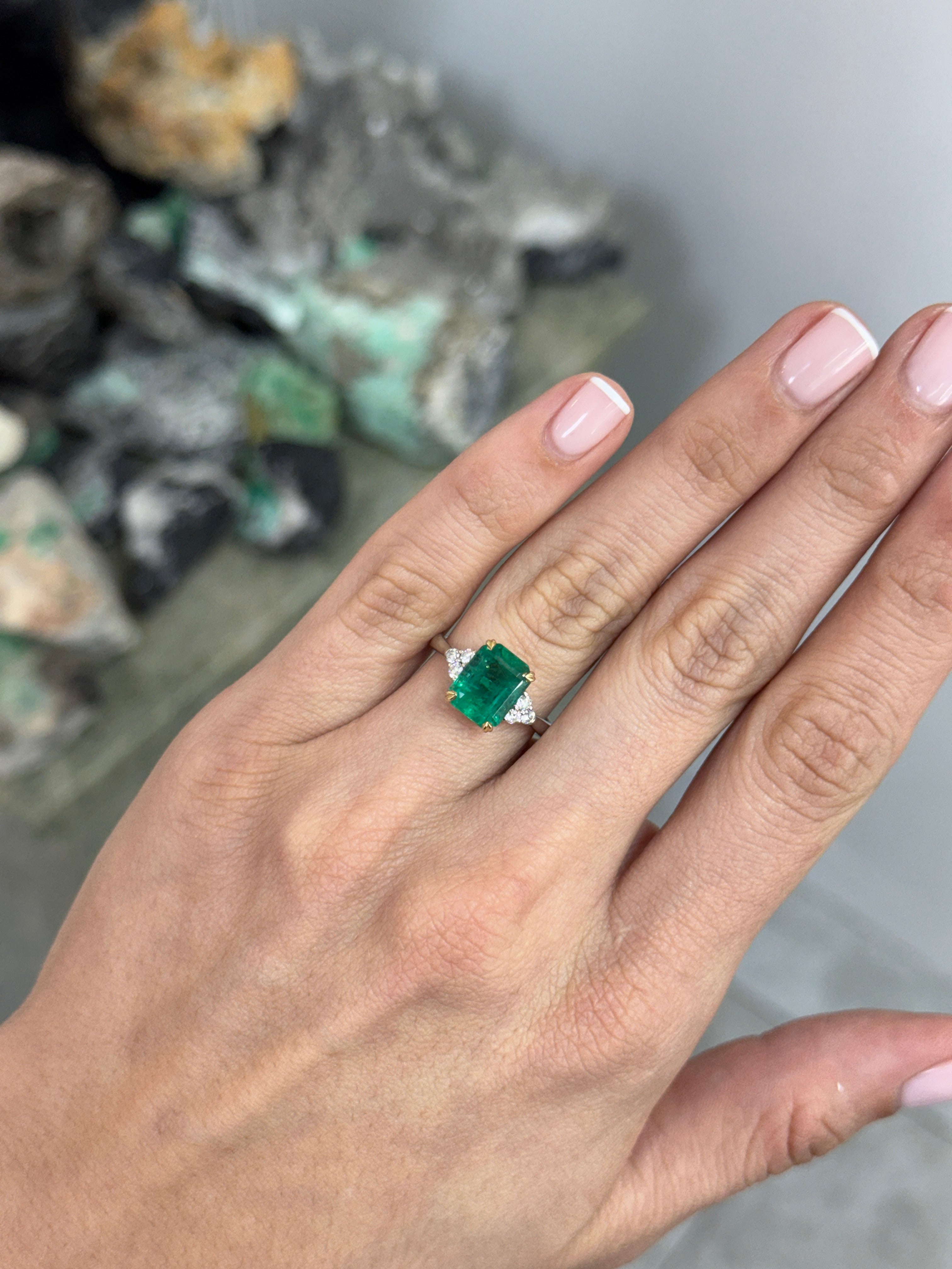 3.83tcw Natural Emerald Cut Emerald & Diamond | JR Colombian Emeralds