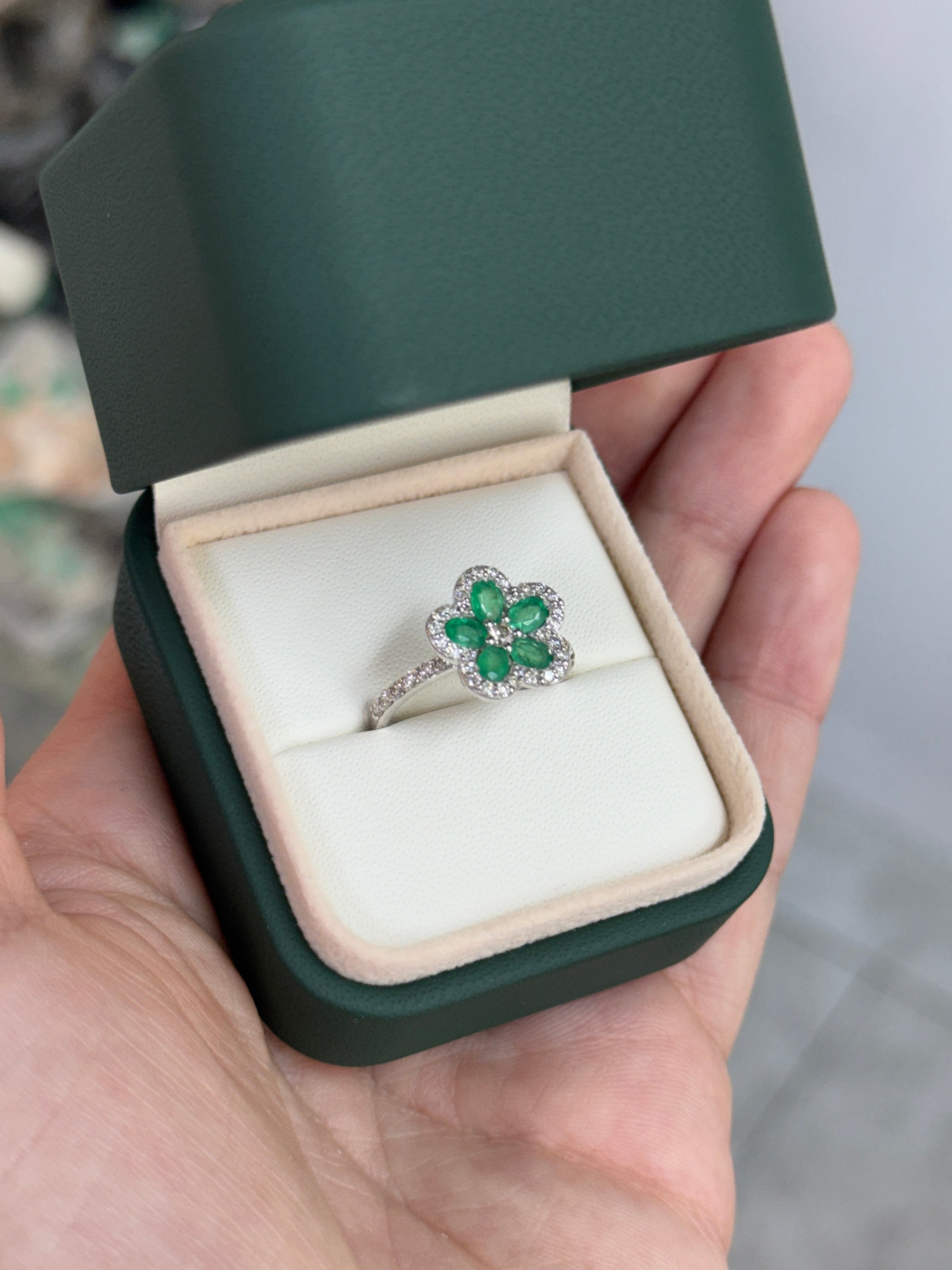 1.16tcw Oval Emerald & Diamond Halo Floral Motif Ring 18K