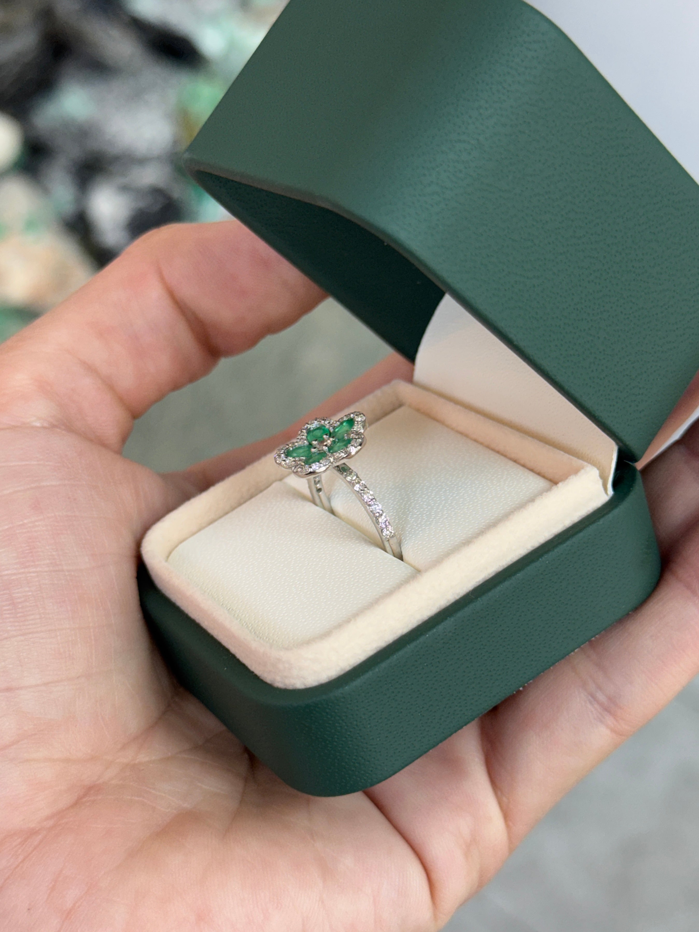 1.16tcw Oval Emerald & Diamond Halo Floral Motif Ring 18K