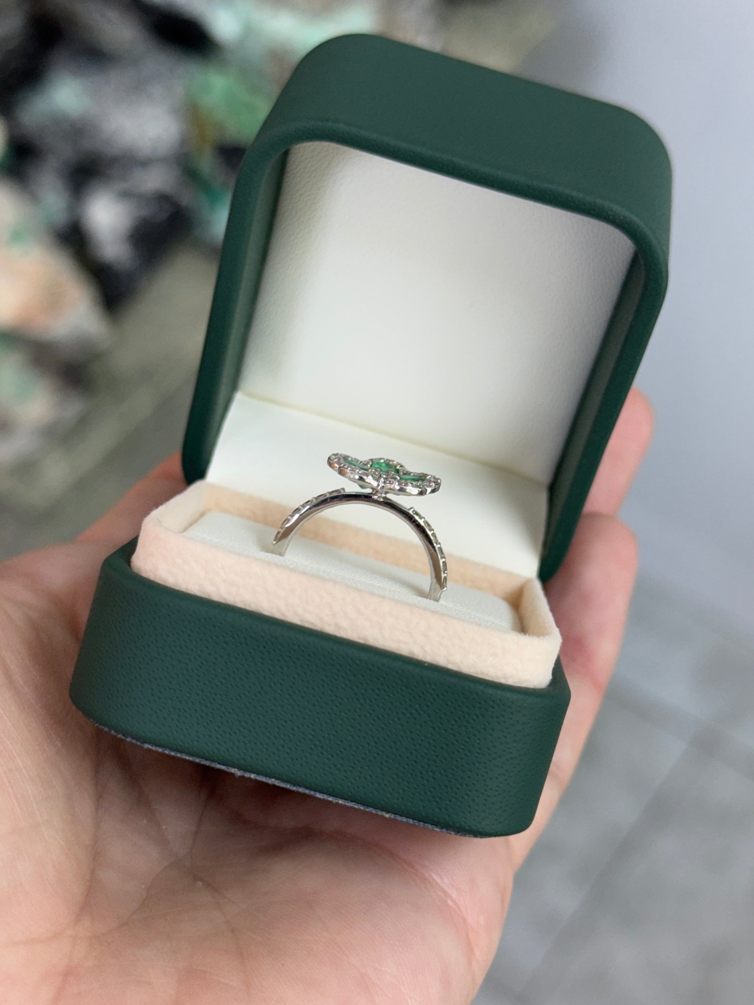 1.16tcw Oval Emerald & Diamond Halo Floral Motif Ring 18K