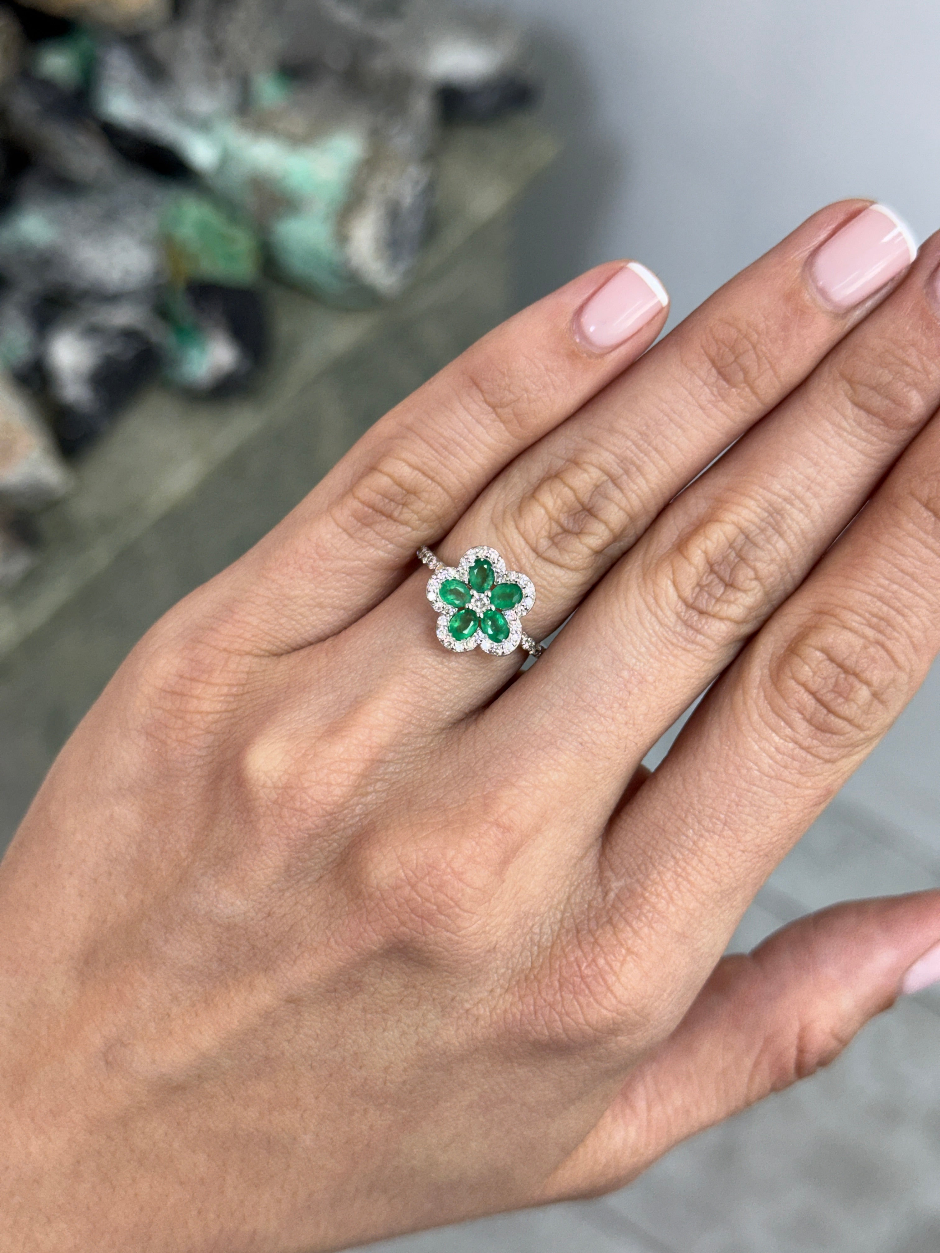 1.16tcw Oval Emerald & Diamond Halo Floral Motif Ring 18K