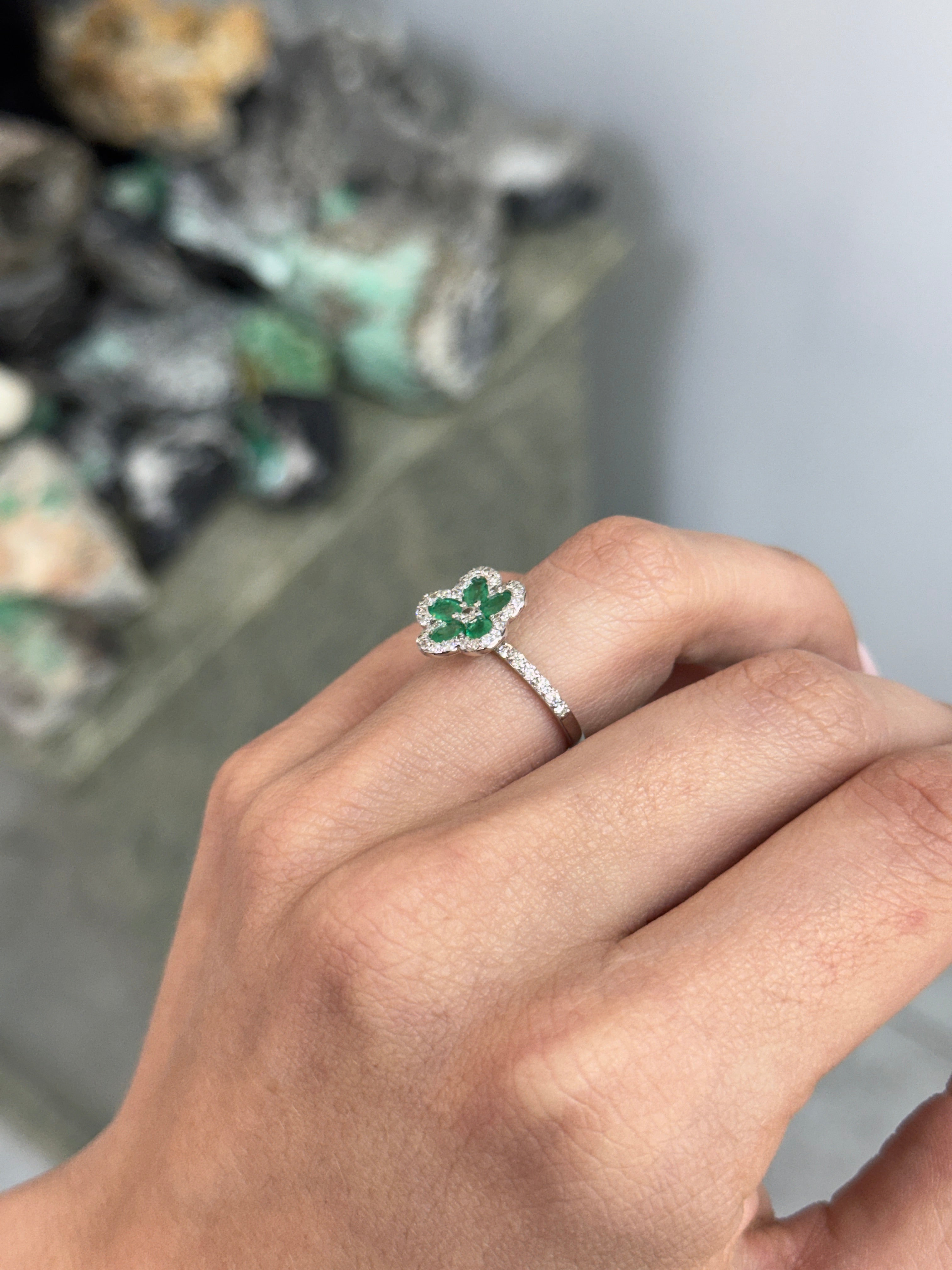 1.16tcw Oval Emerald & Diamond Halo Floral Motif Ring 18K | JR