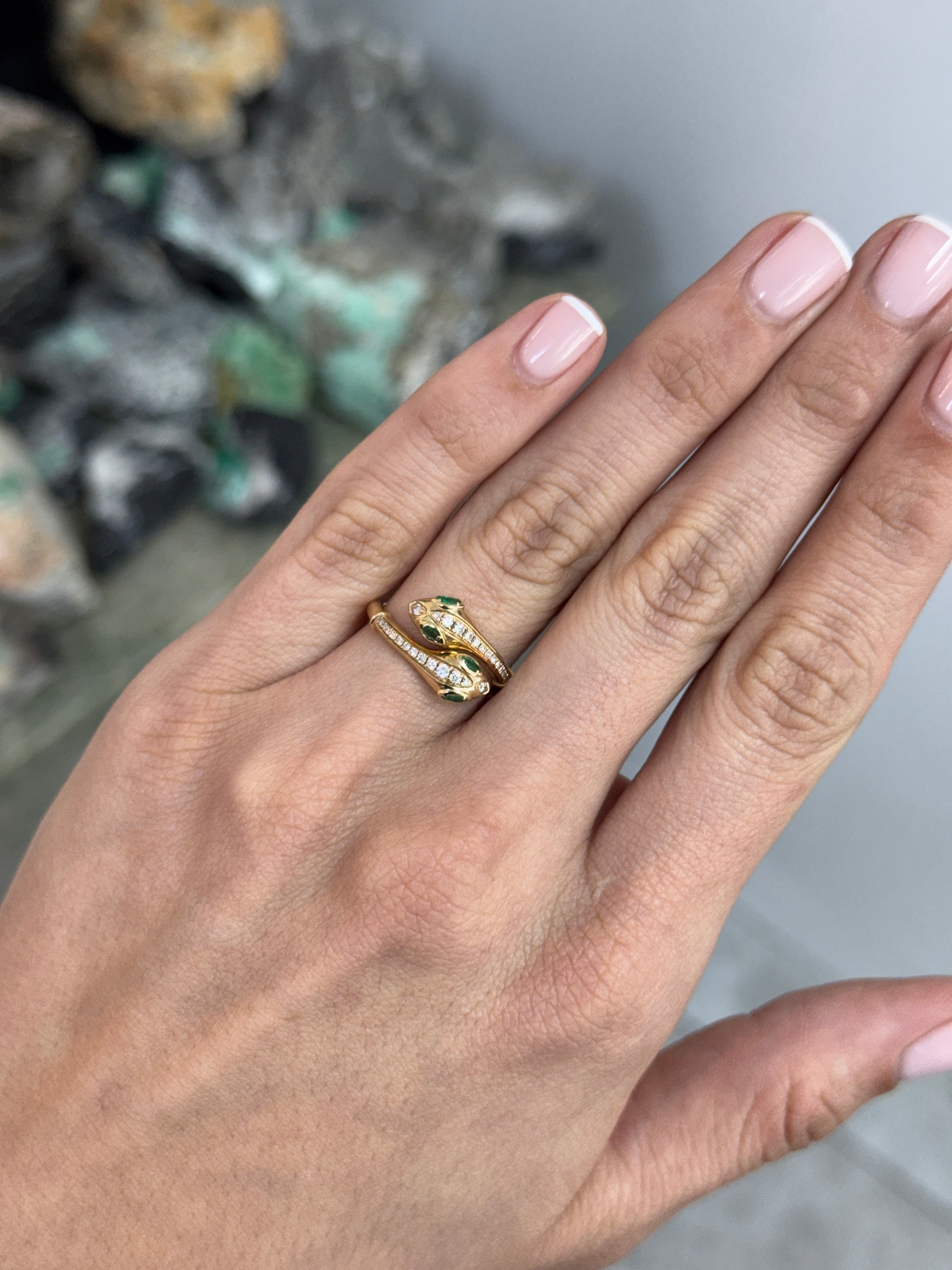 Double Serpent Head Natural Emerald & Diamond Bypass Ring 14K Gold
