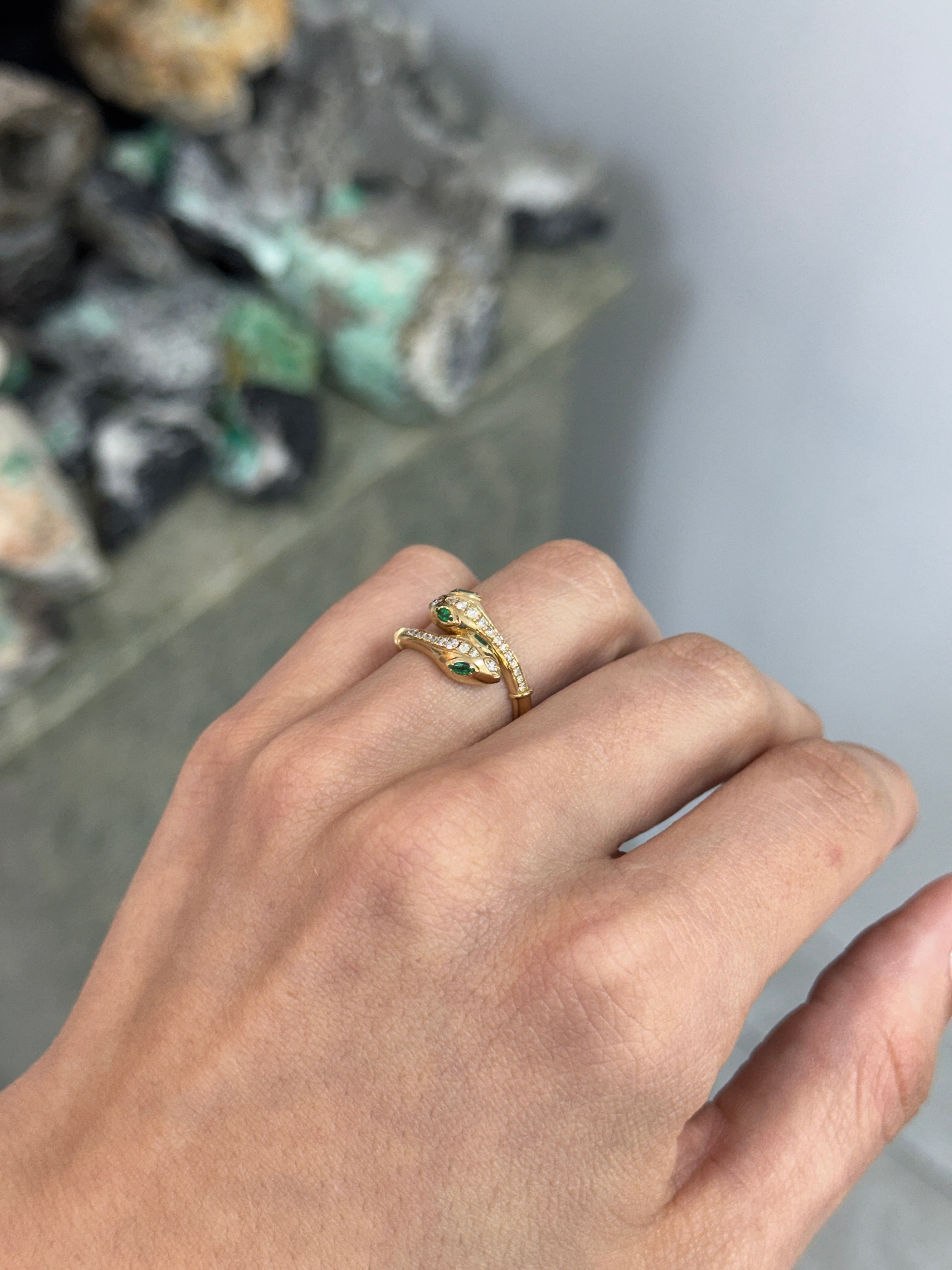 Double Serpent Head Natural Emerald & Diamond Bypass Ring 14K Gold