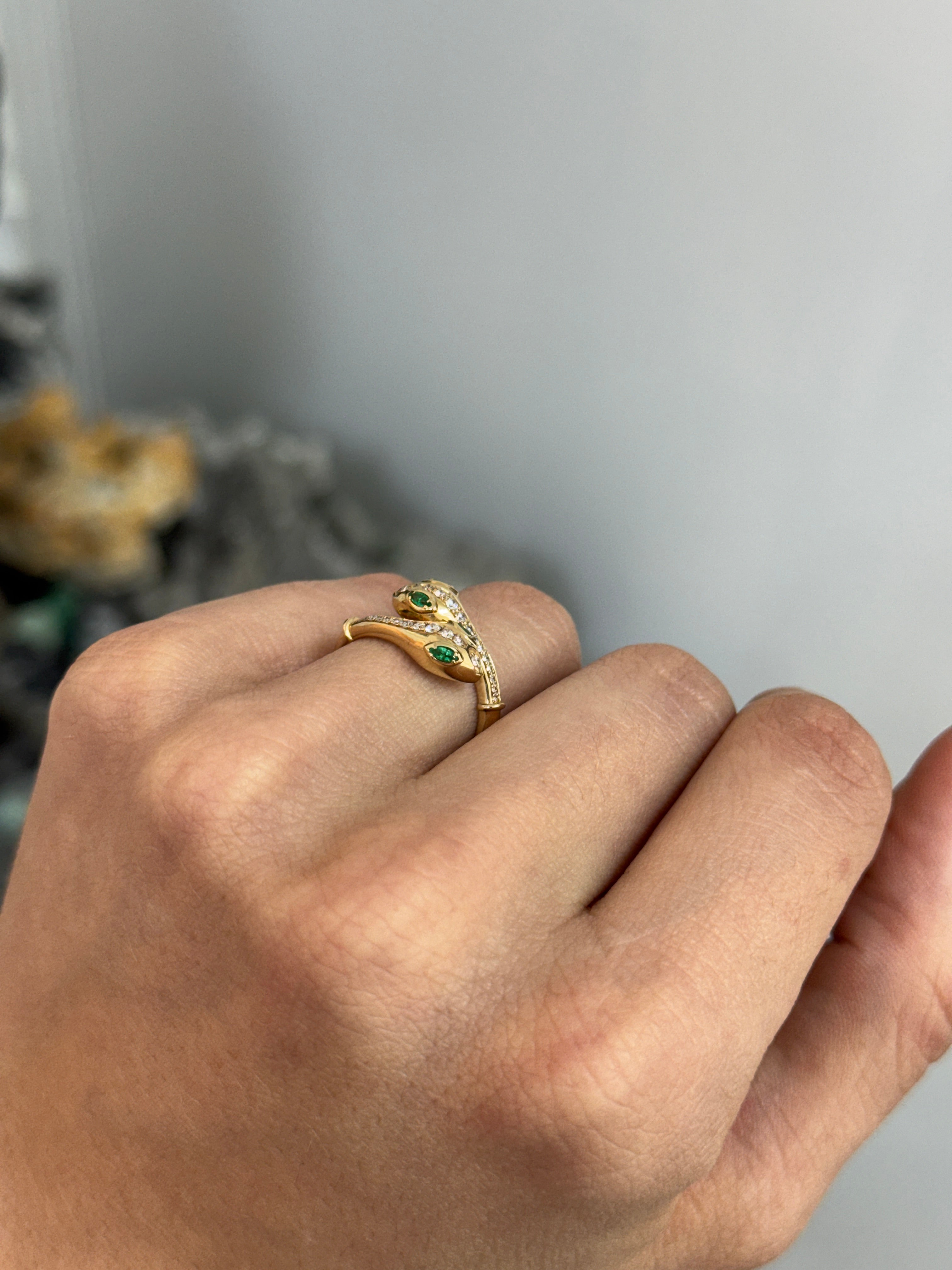 Double Serpent Head Natural Emerald & Diamond Bypass Ring 14K Gold