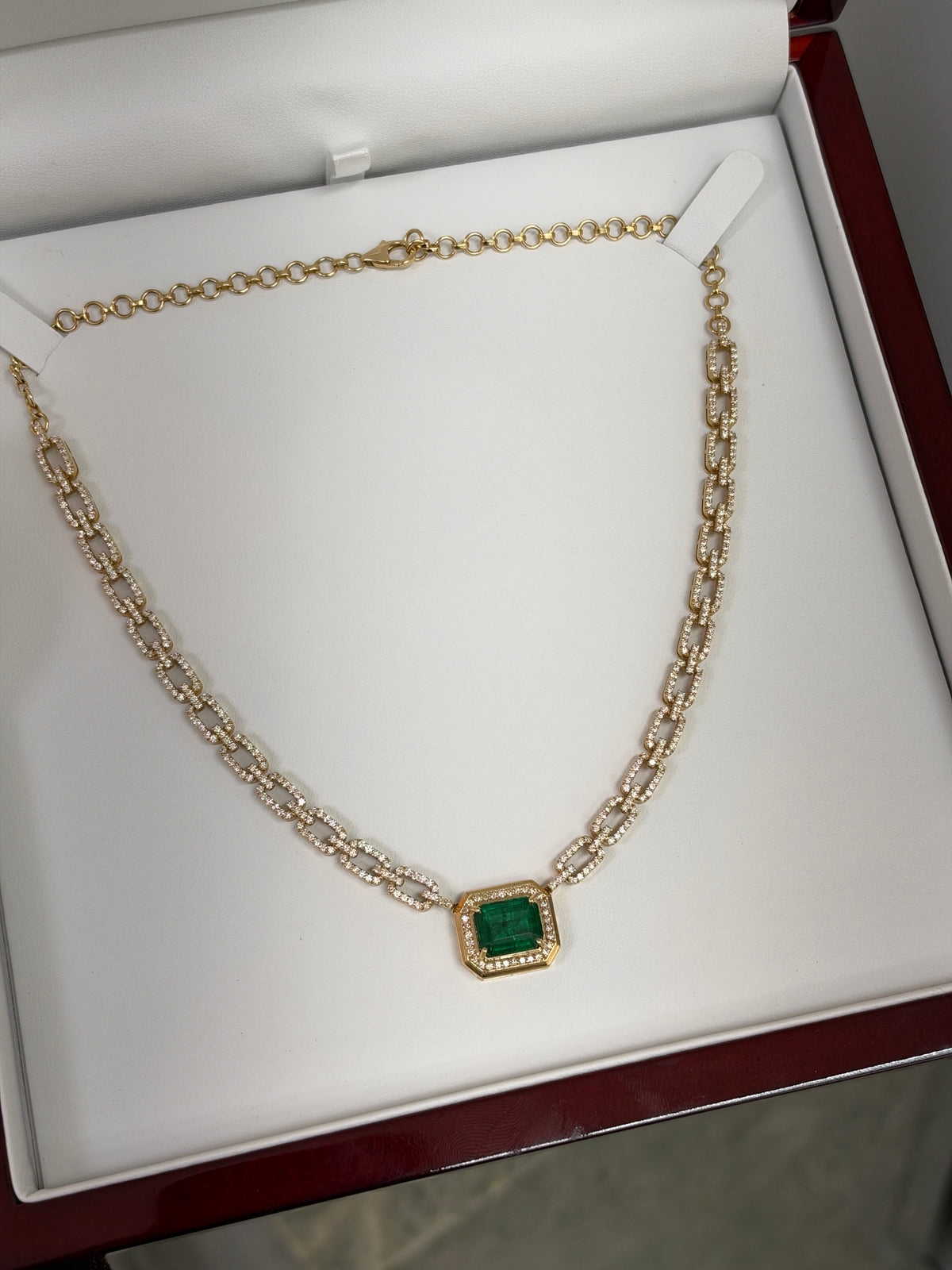 7.61tcw 18K Emerald & Diamond Halo Paperclip Link Necklace in Yellow Gold