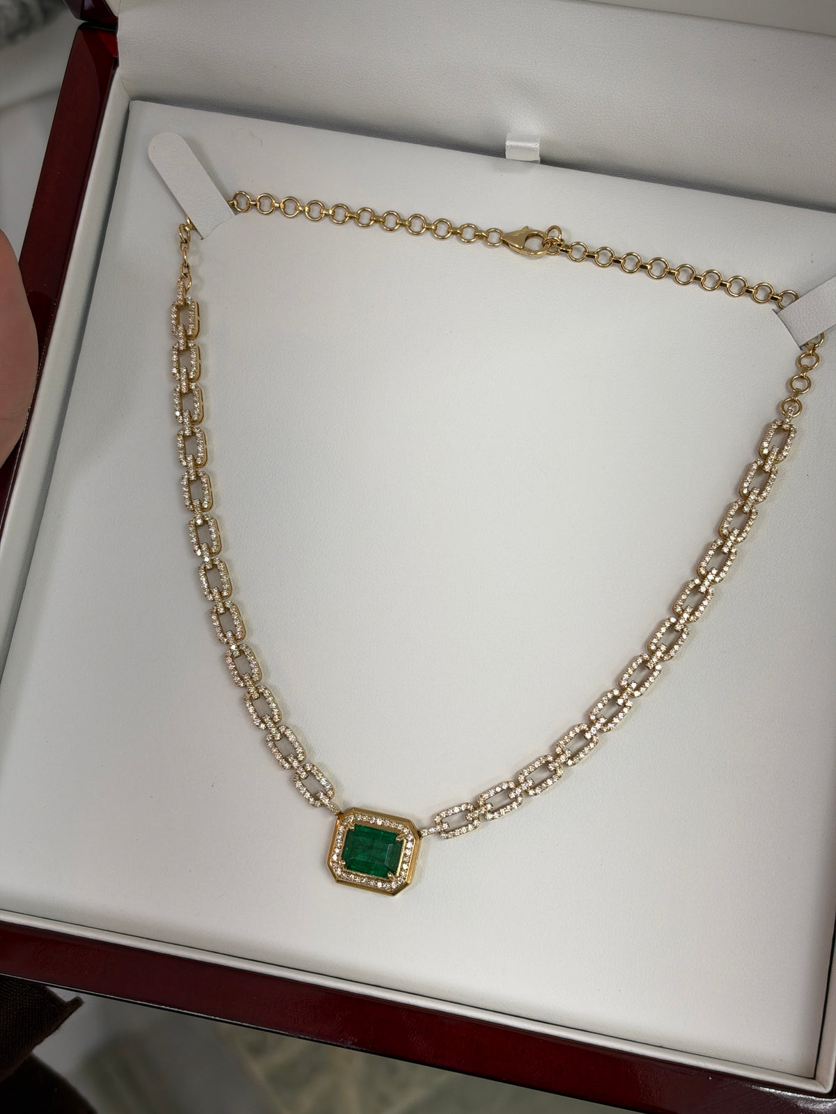 7.61tcw 18K Emerald & Diamond Halo Paperclip Link Necklace in Yellow Gold