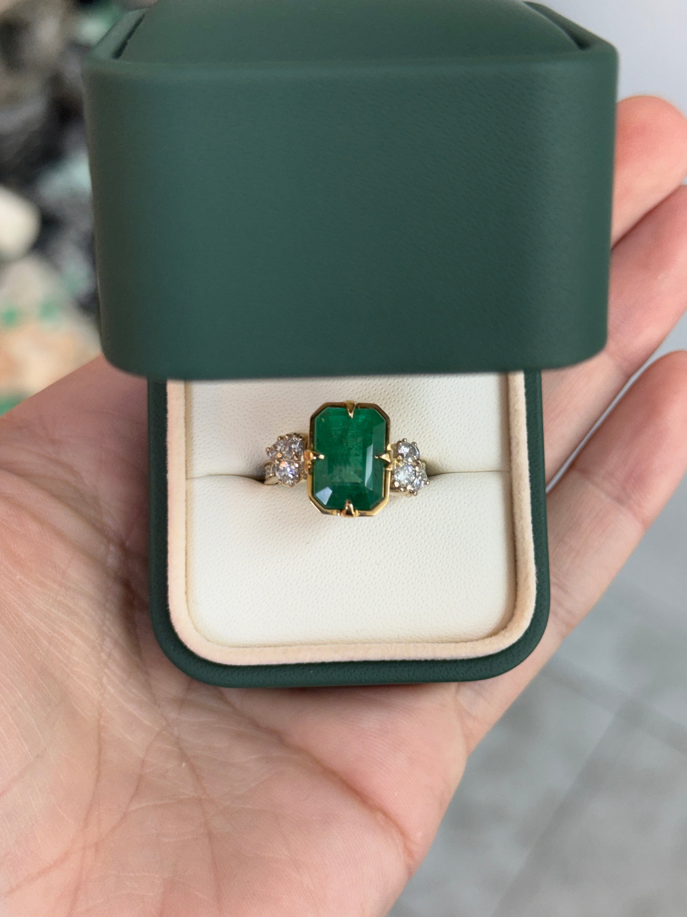7.67ct 18K Compass Set Emerald Cut Emerald & Diamond Cluster Accent Right Hand Ring