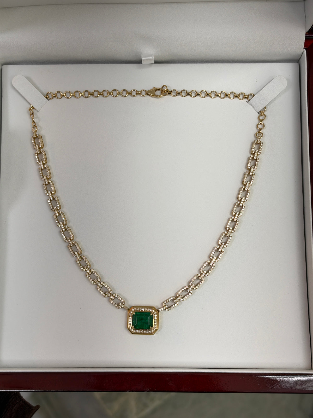 7.61tcw 18K Emerald & Diamond Halo Paperclip Link Necklace in Yellow Gold