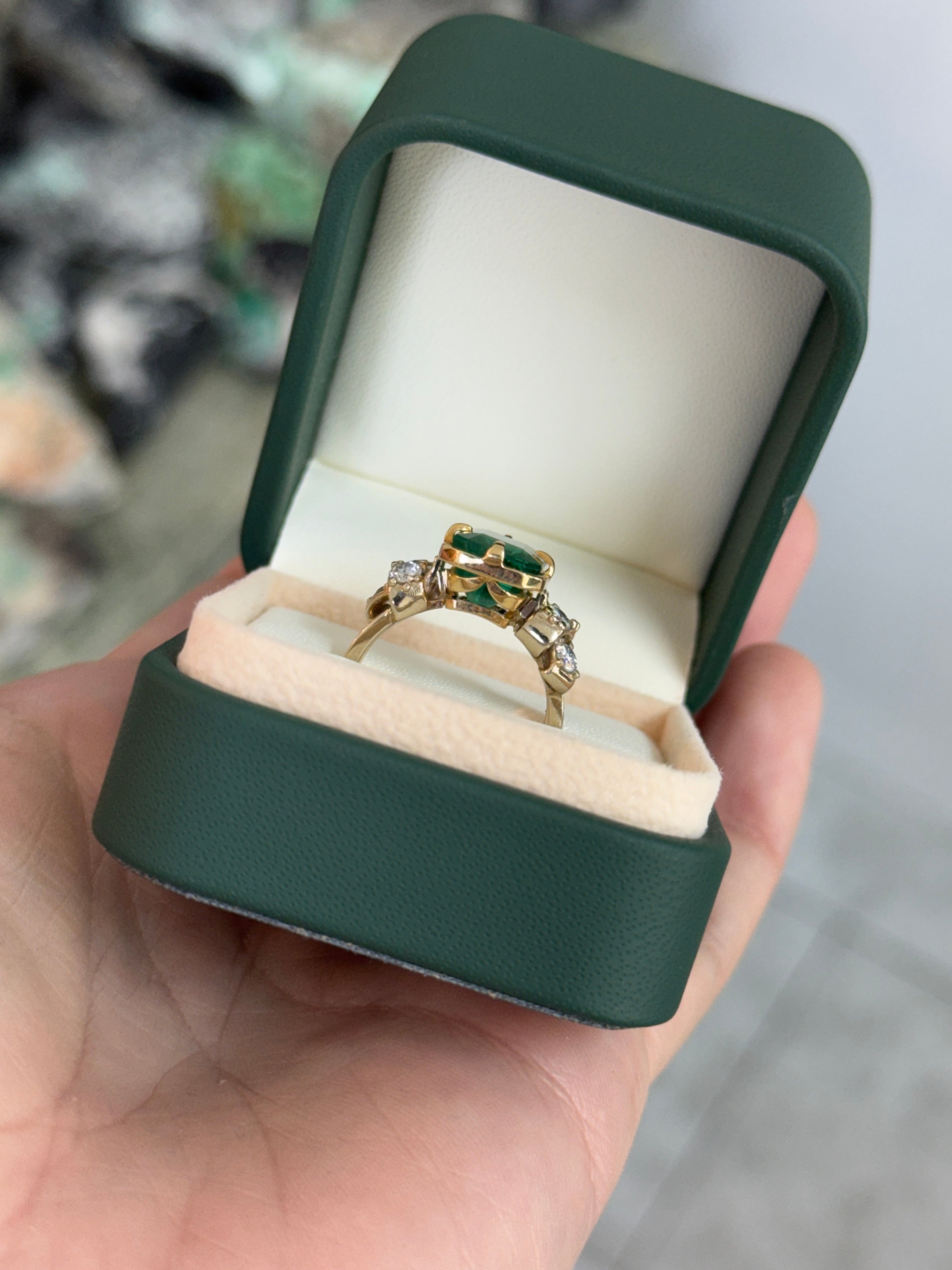 7.67ct 18K Compass Set Emerald Cut Emerald & Diamond Cluster Accent Right Hand Ring