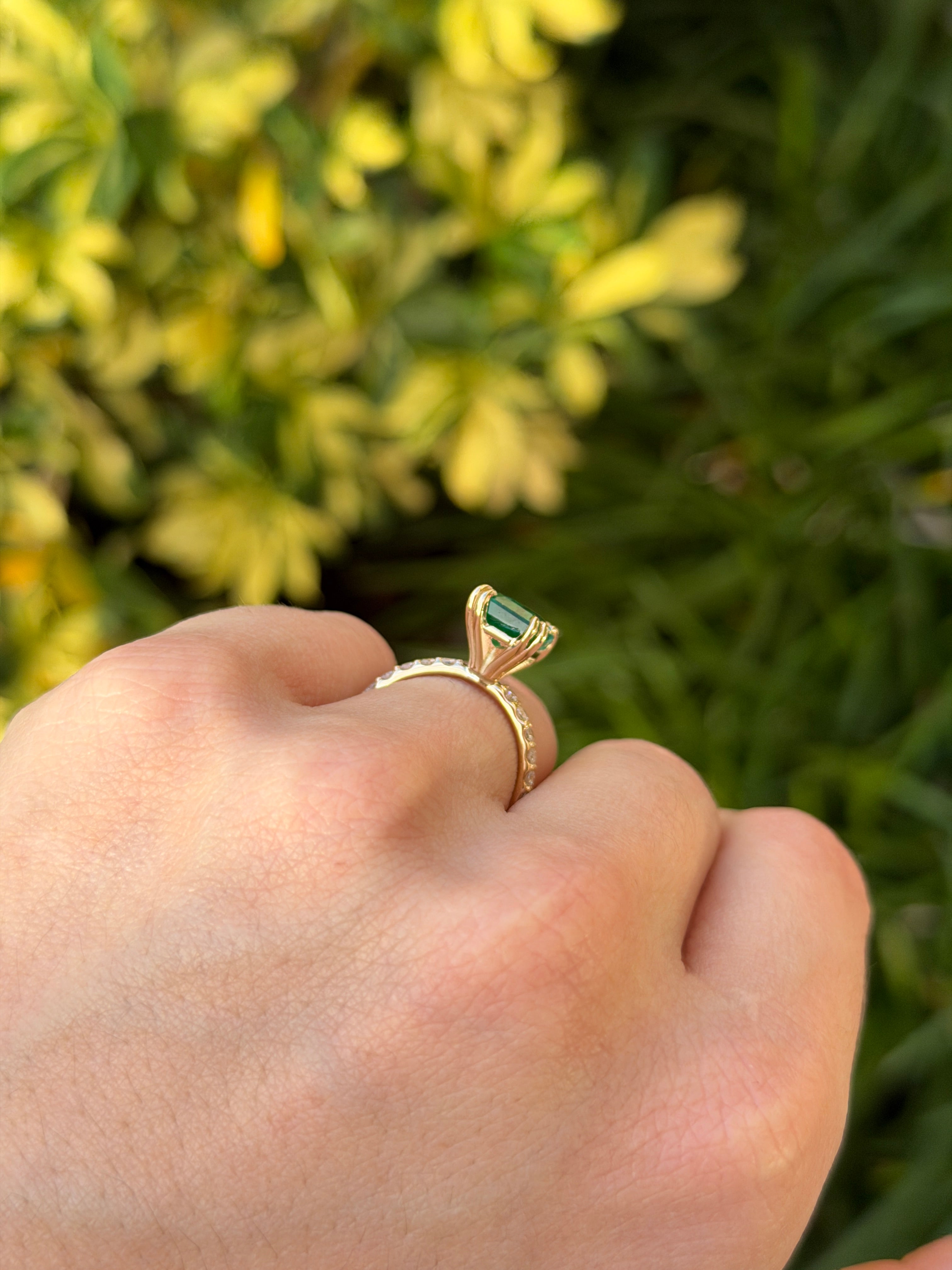 3.47 Double Prong Emerald Solitaire & Diamond Accent Engagement Ring 14K