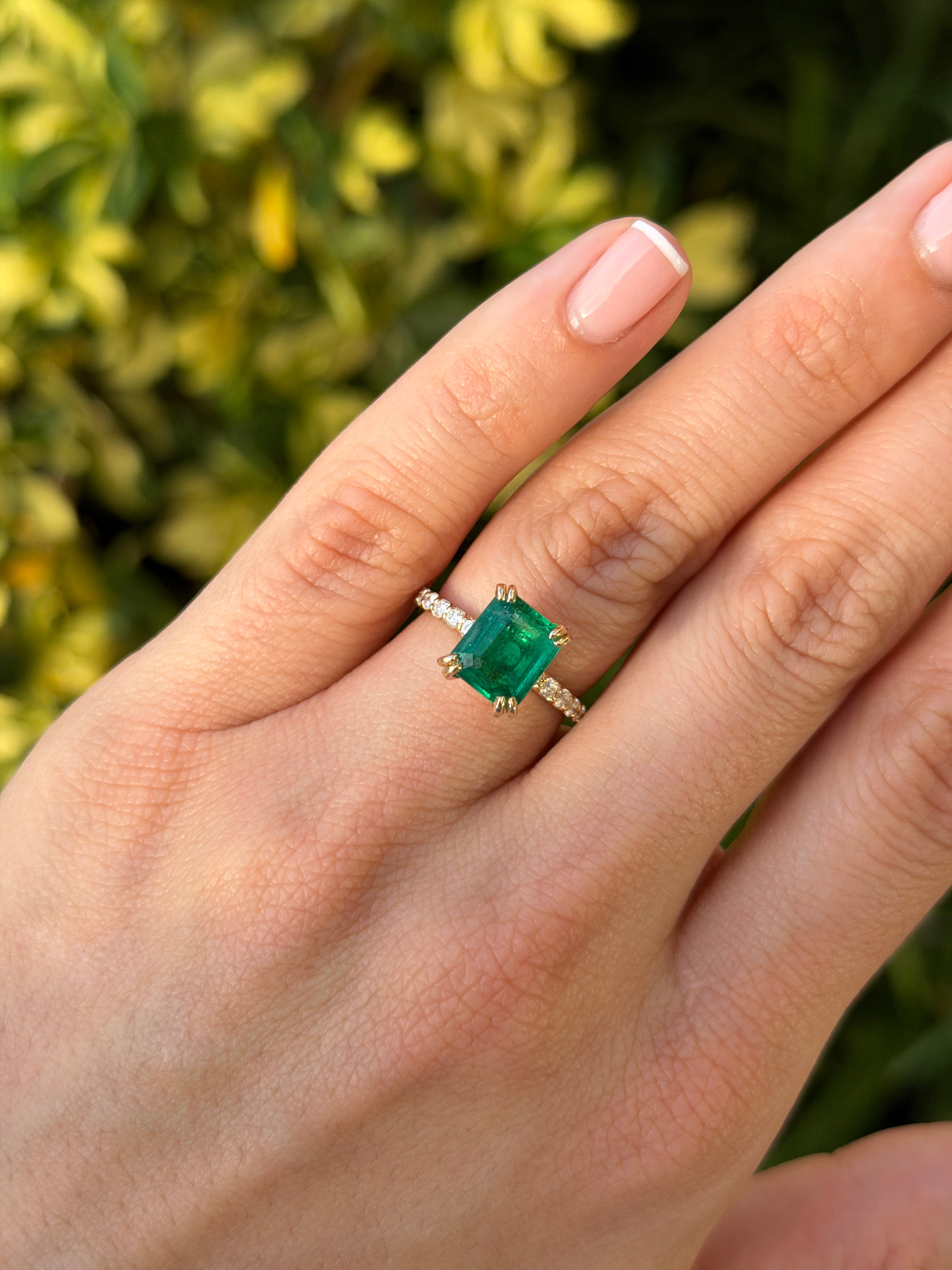 3.47 Double Prong Emerald Solitaire & Diamond Accent Engagement Ring 14K