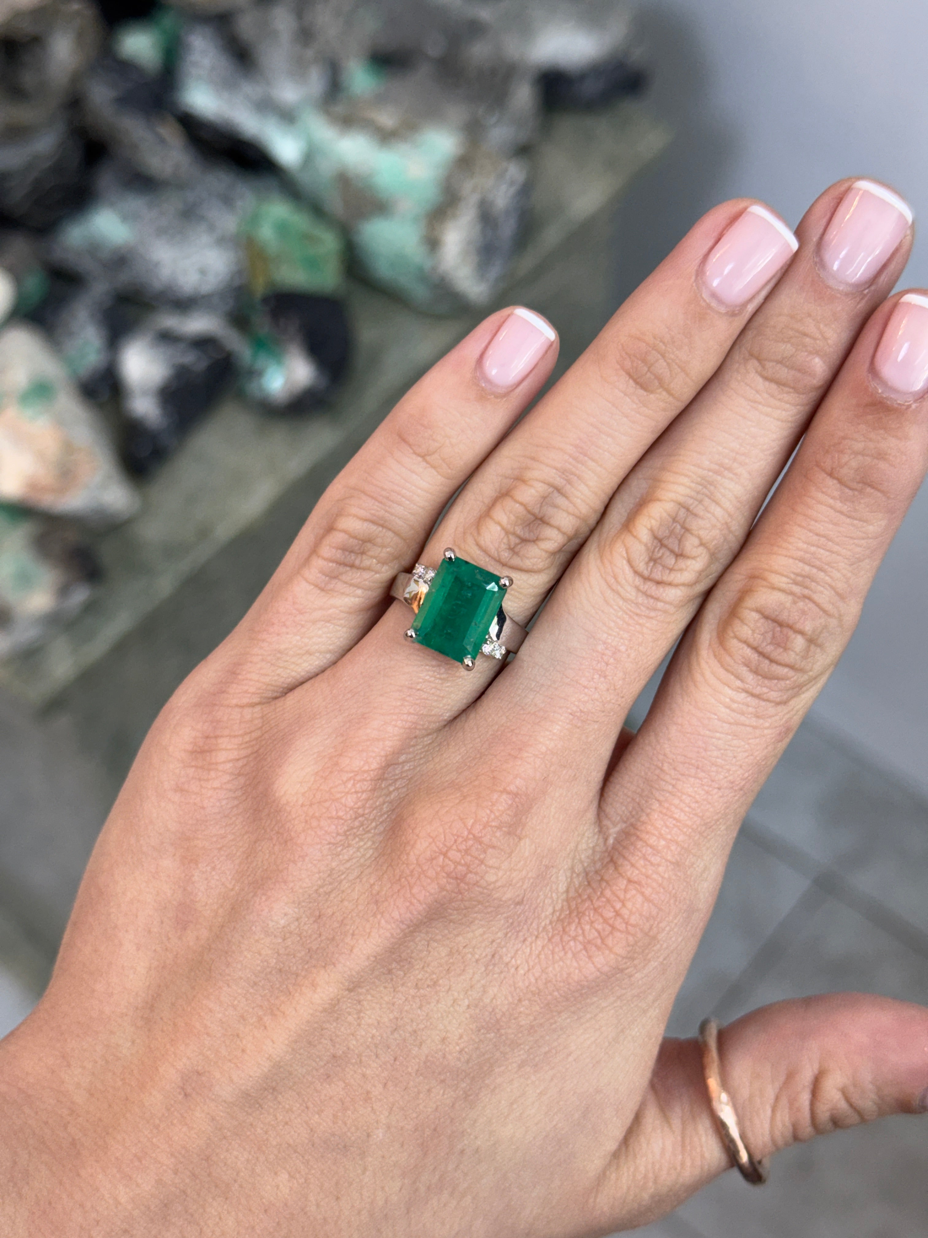 7.98tcw 14K Natural Medium Dark Green Emerald Cut Emerald & Diamond Accent Right Hand Ring