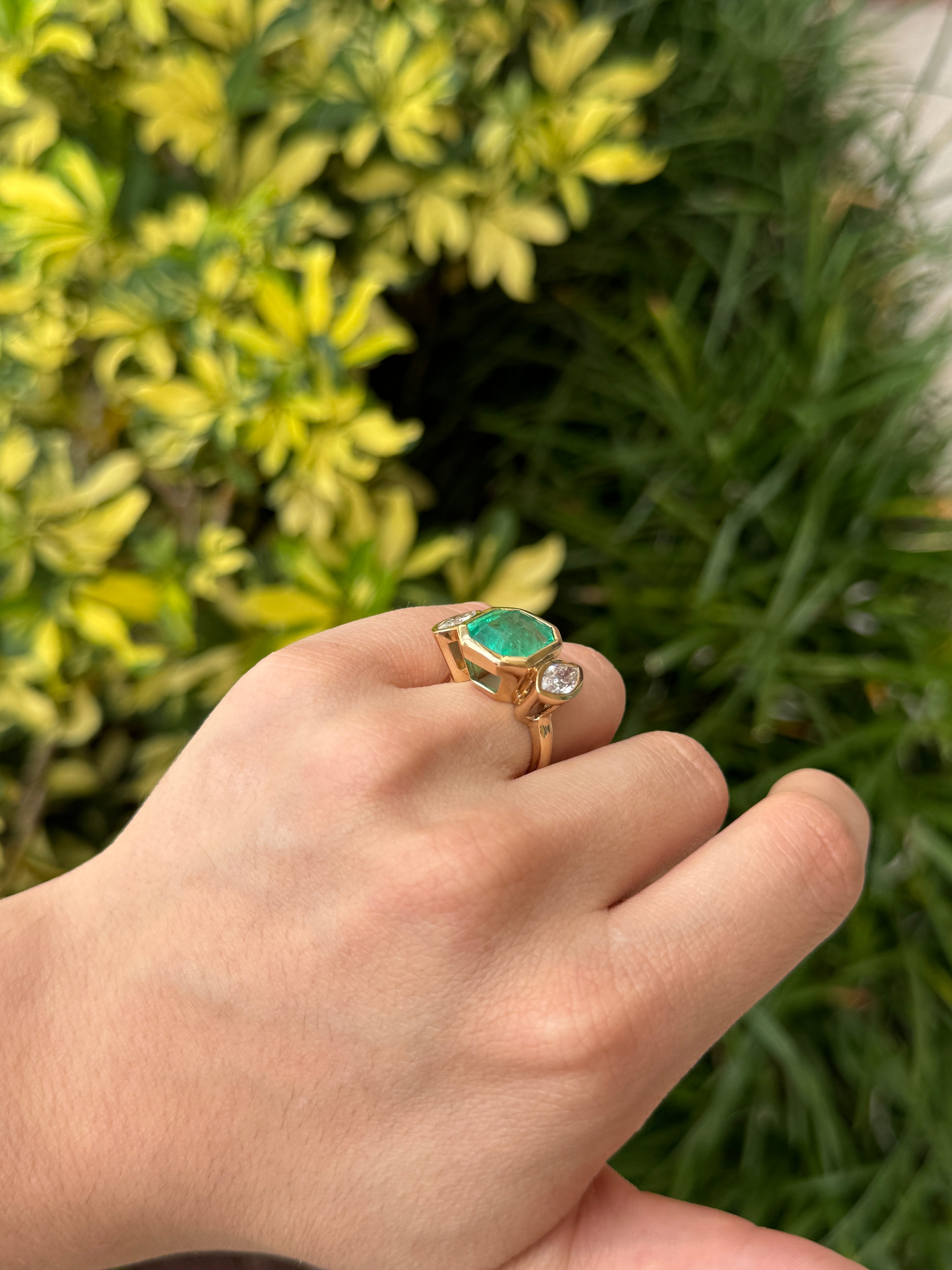 9.66tcw Emerald Cut Colombian Emerald & Marquise Diamond Bezel Triliogy 18K