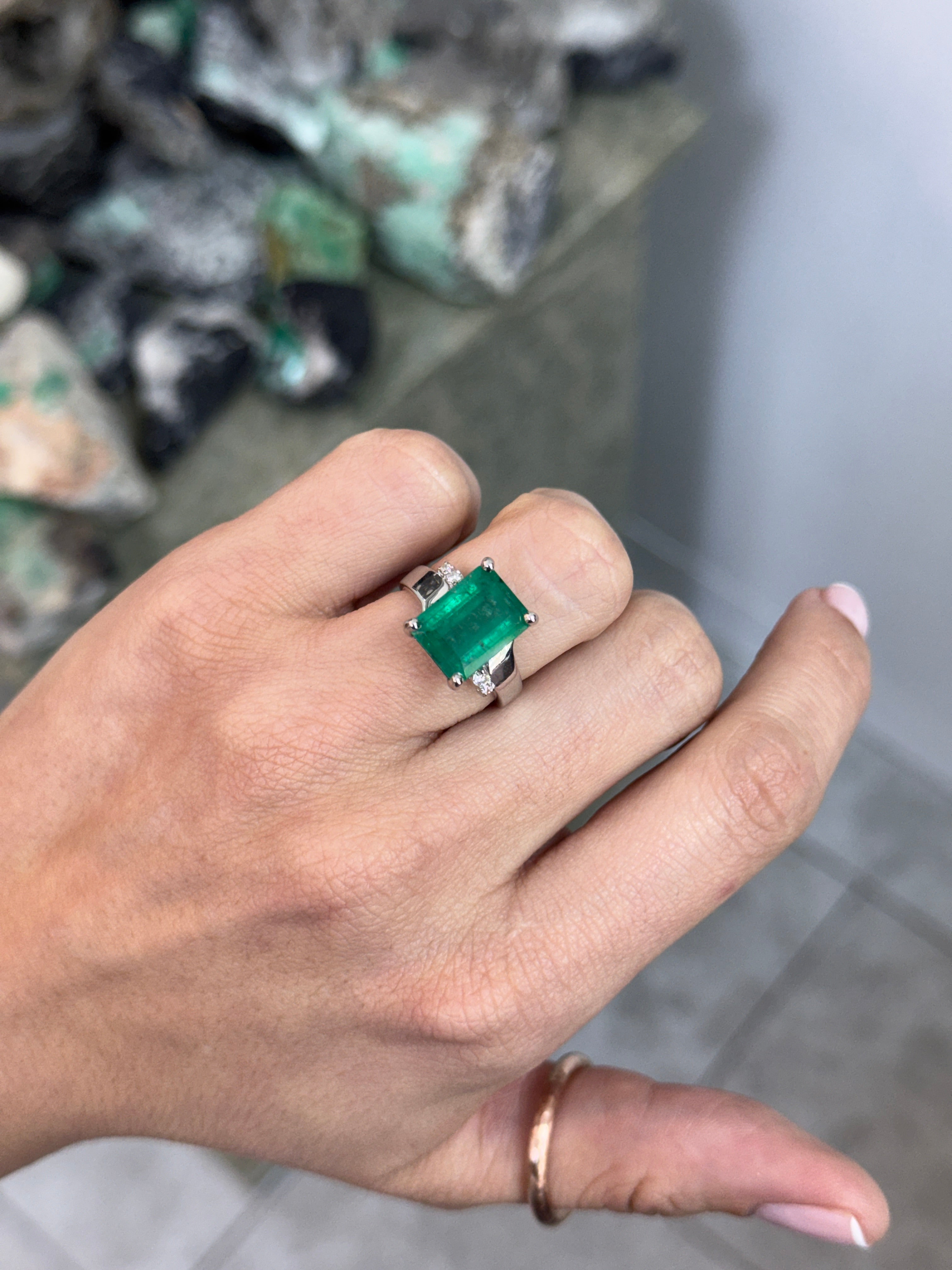 7.98tcw 14K Natural Medium Dark Green Emerald Cut Emerald & Diamond Accent Right Hand Ring