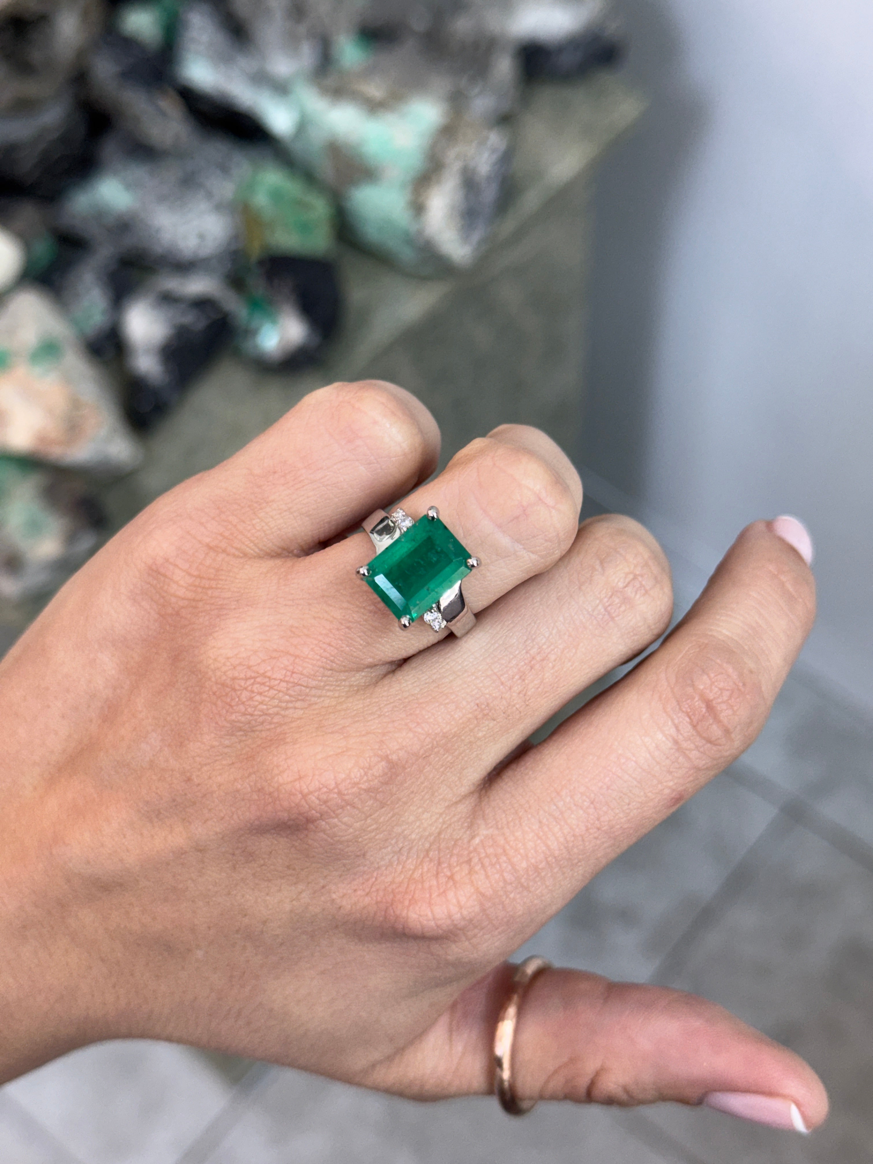 7.98tcw 14K Natural Medium Dark Green Emerald Cut Emerald & Diamond Accent Right Hand Ring