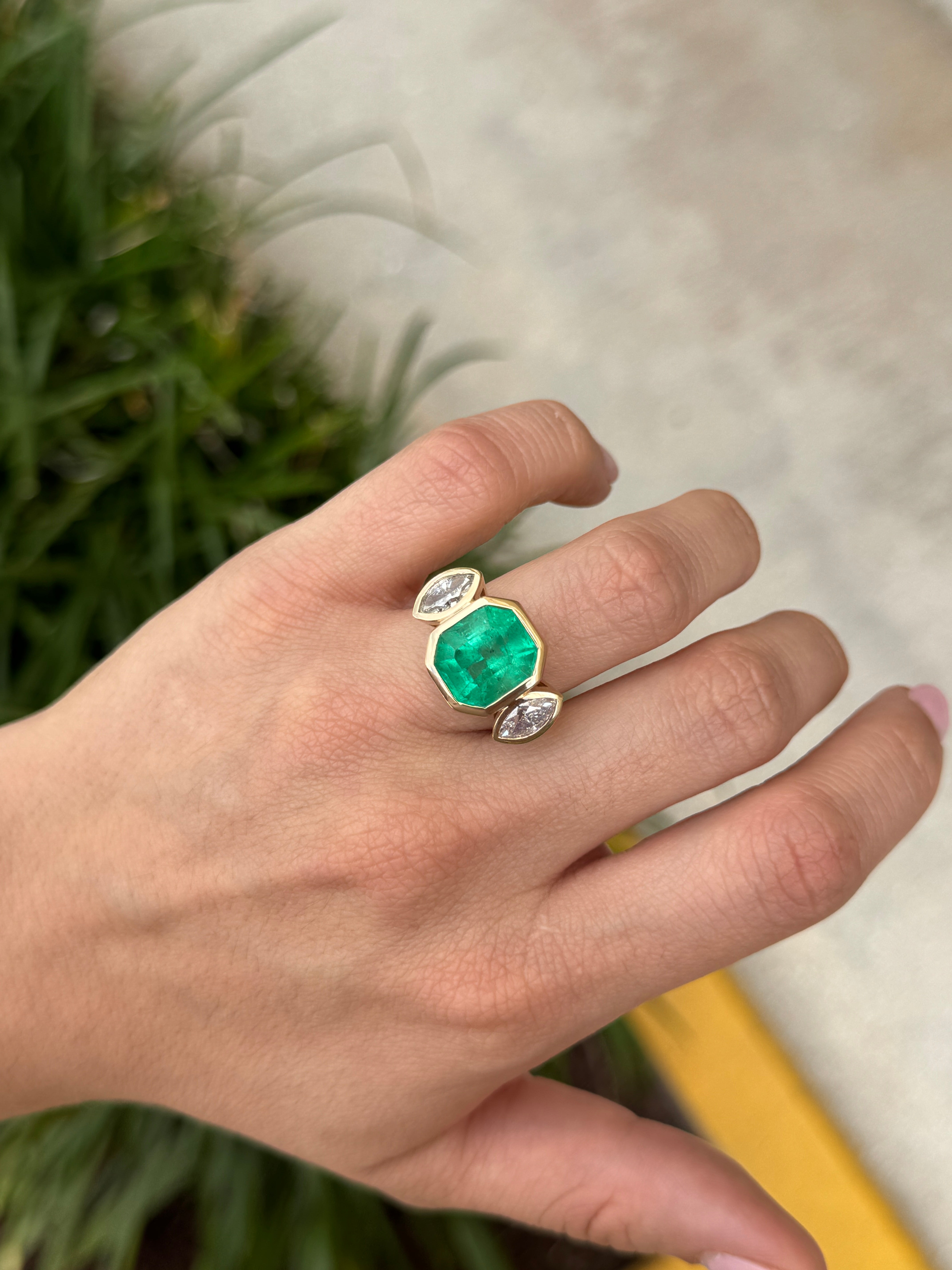 9.66tcw Emerald Cut Colombian Emerald & Marquise Diamond Bezel Triliogy 18K