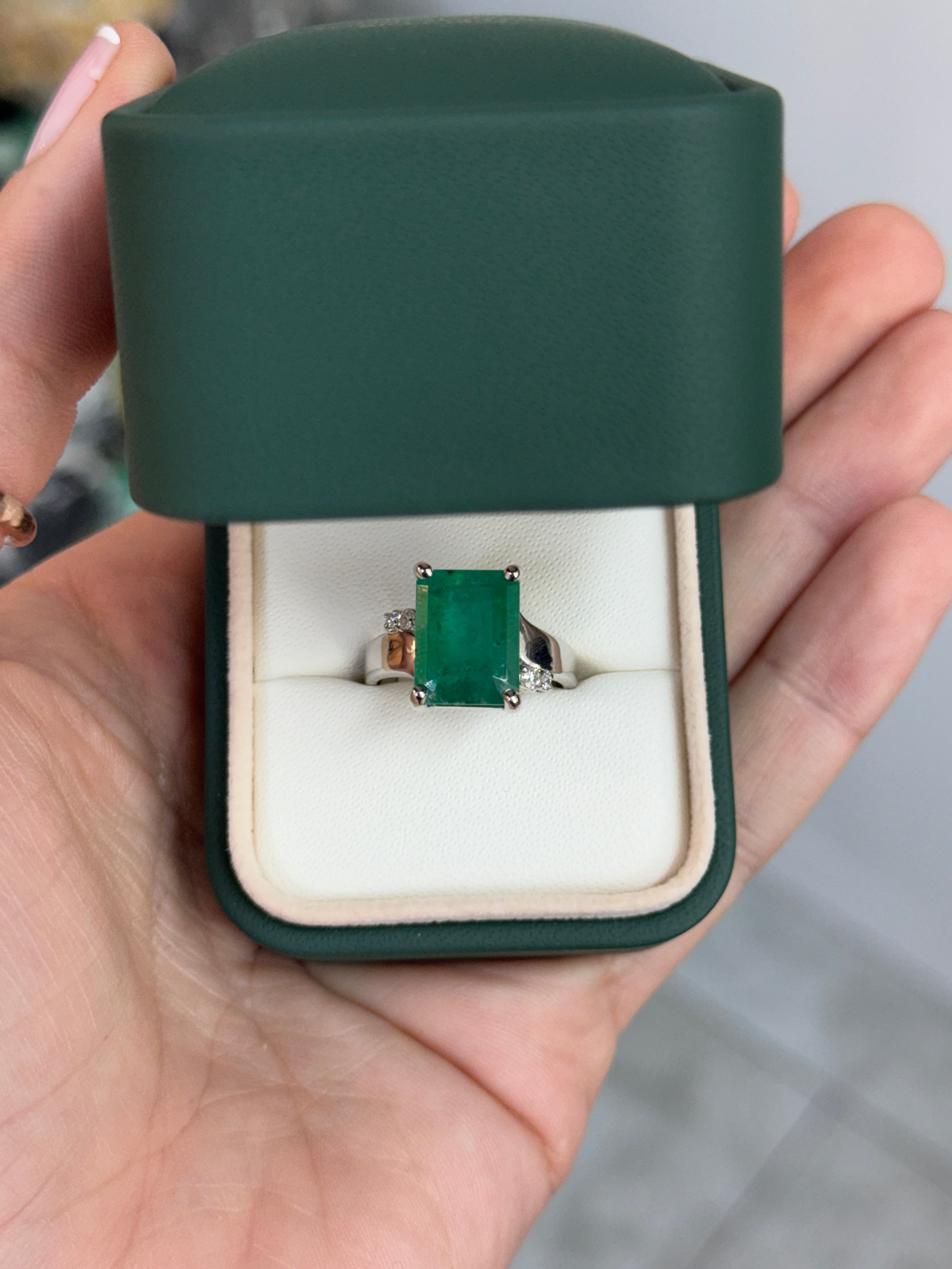 7.98tcw 14K Natural Medium Dark Green Emerald Cut Emerald & Diamond Accent Right Hand Ring