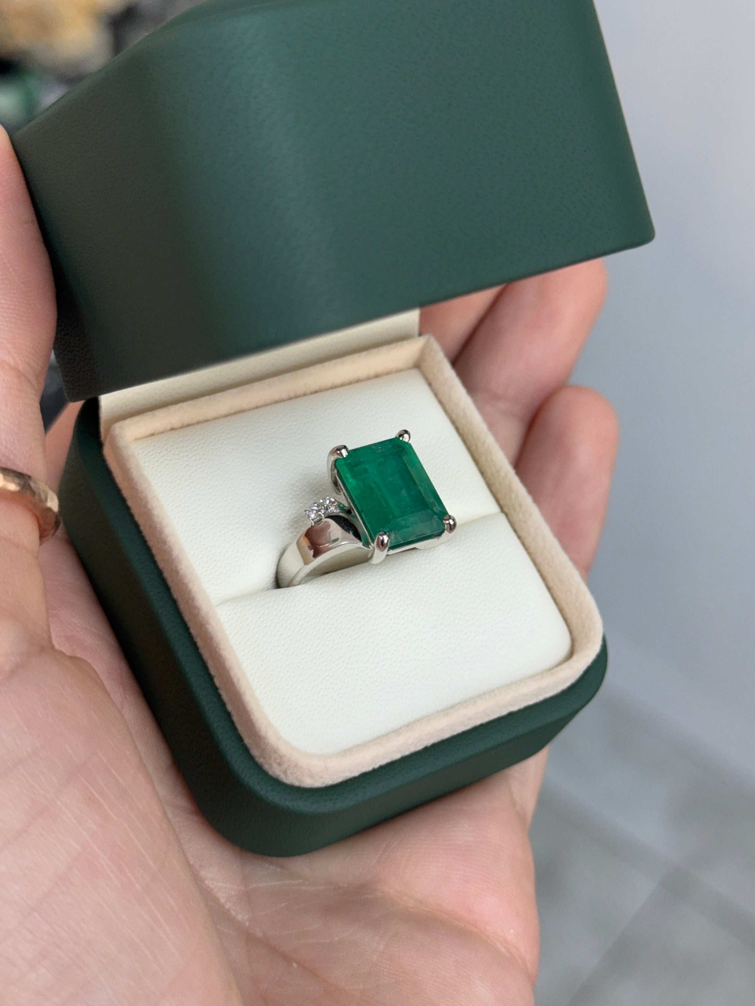 7.98tcw 14K Natural Medium Dark Green Emerald Cut Emerald & Diamond Accent Right Hand Ring