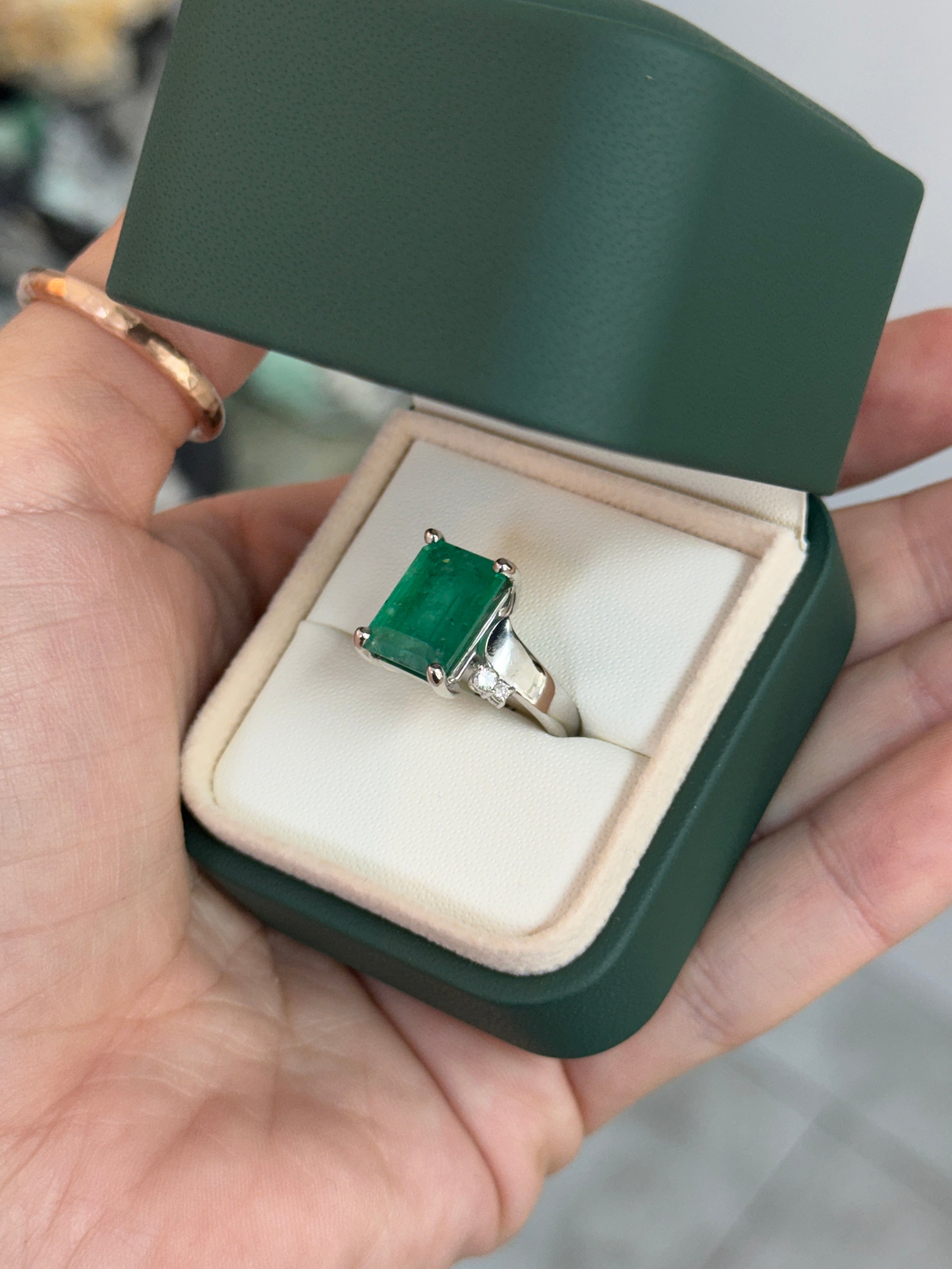7.98tcw 14K Natural Medium Dark Green Emerald Cut Emerald & Diamond Accent Right Hand Ring