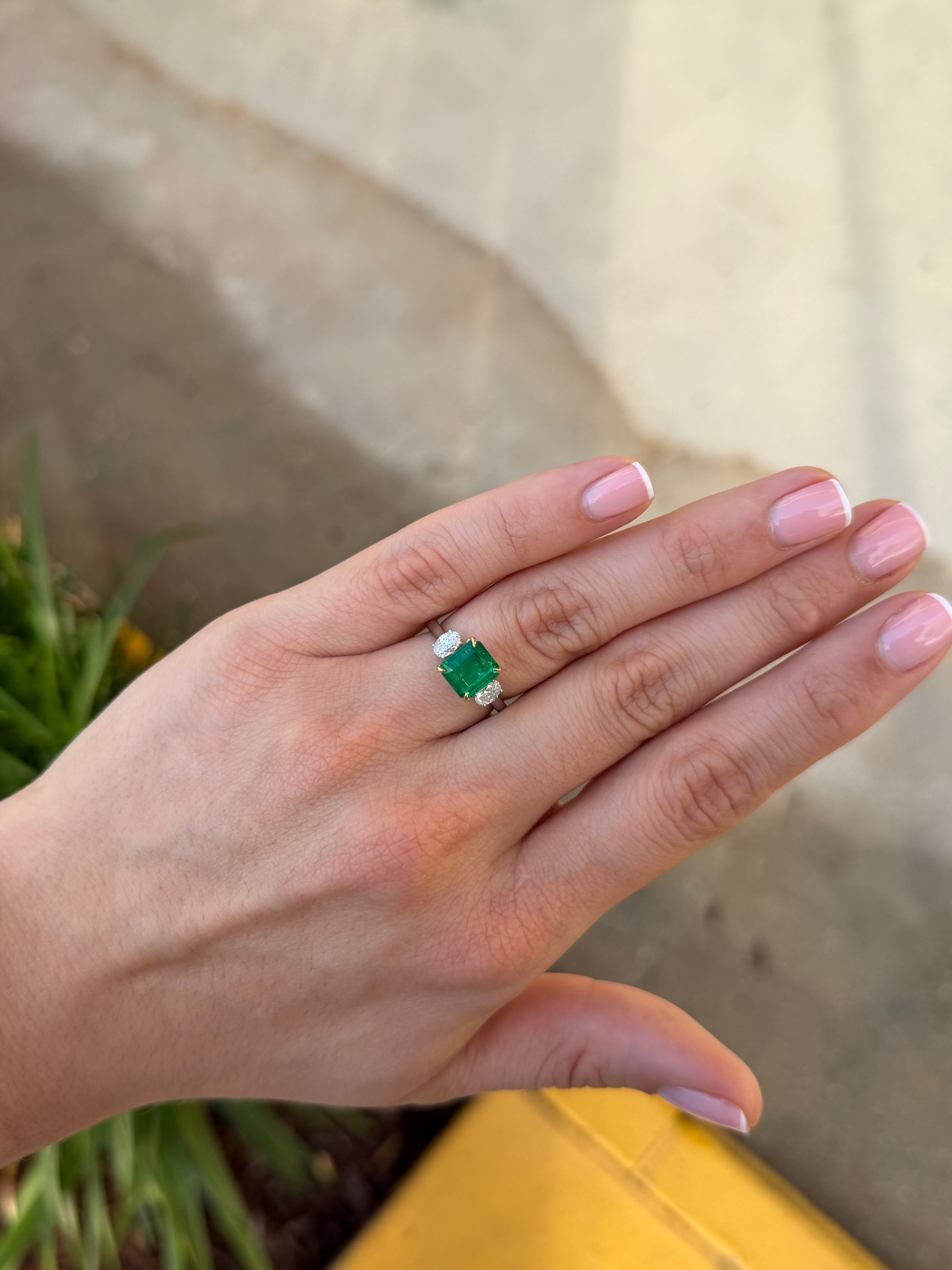 2.88tcw 18K Vivid Asscher Cut Emerald & Platinum Oval Diamond Three Stone