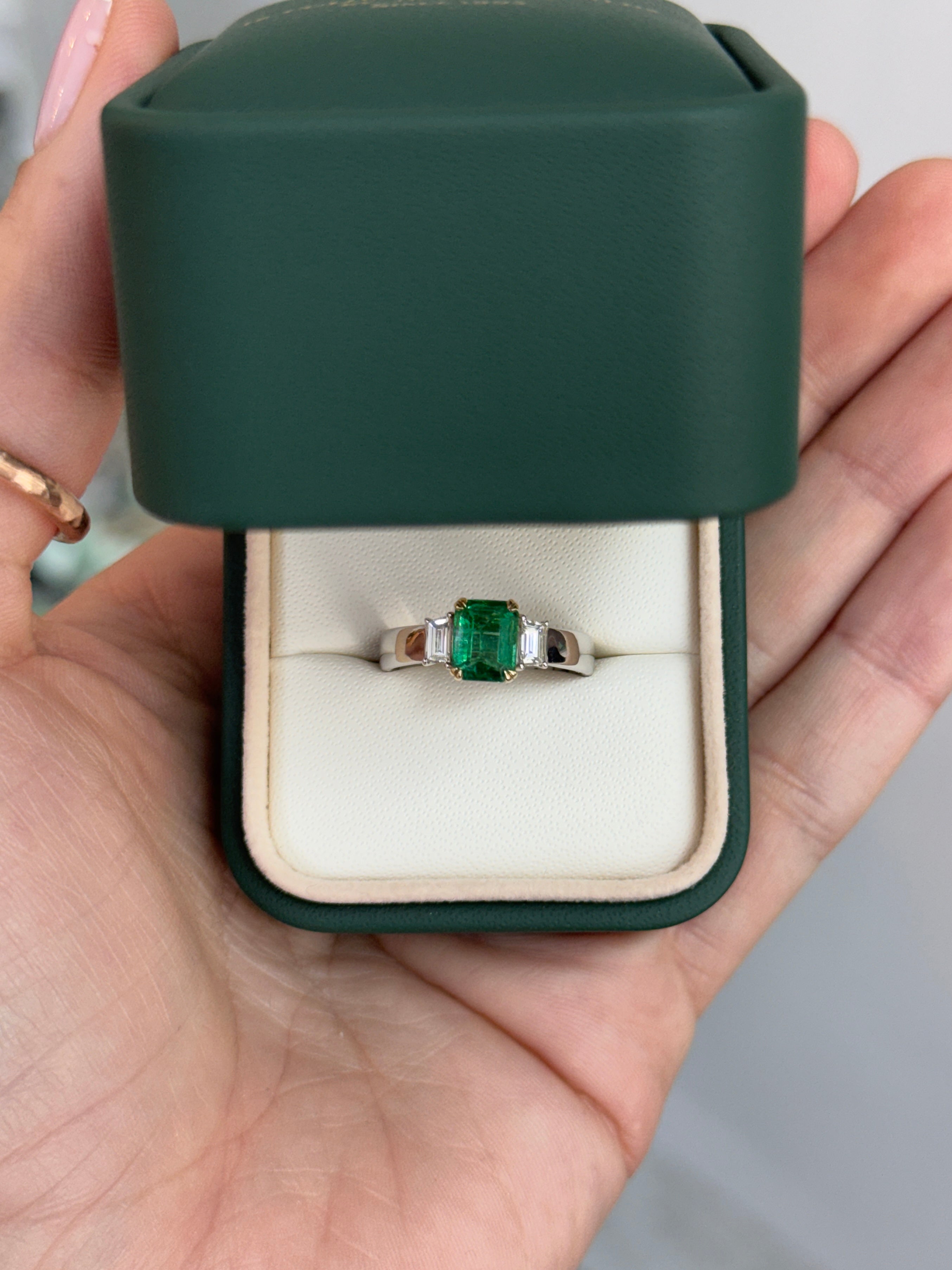 1.81tcw 14K PLAT Natural Emerald Cut Emerald & Trapezoid Diamond Three Stone Ring