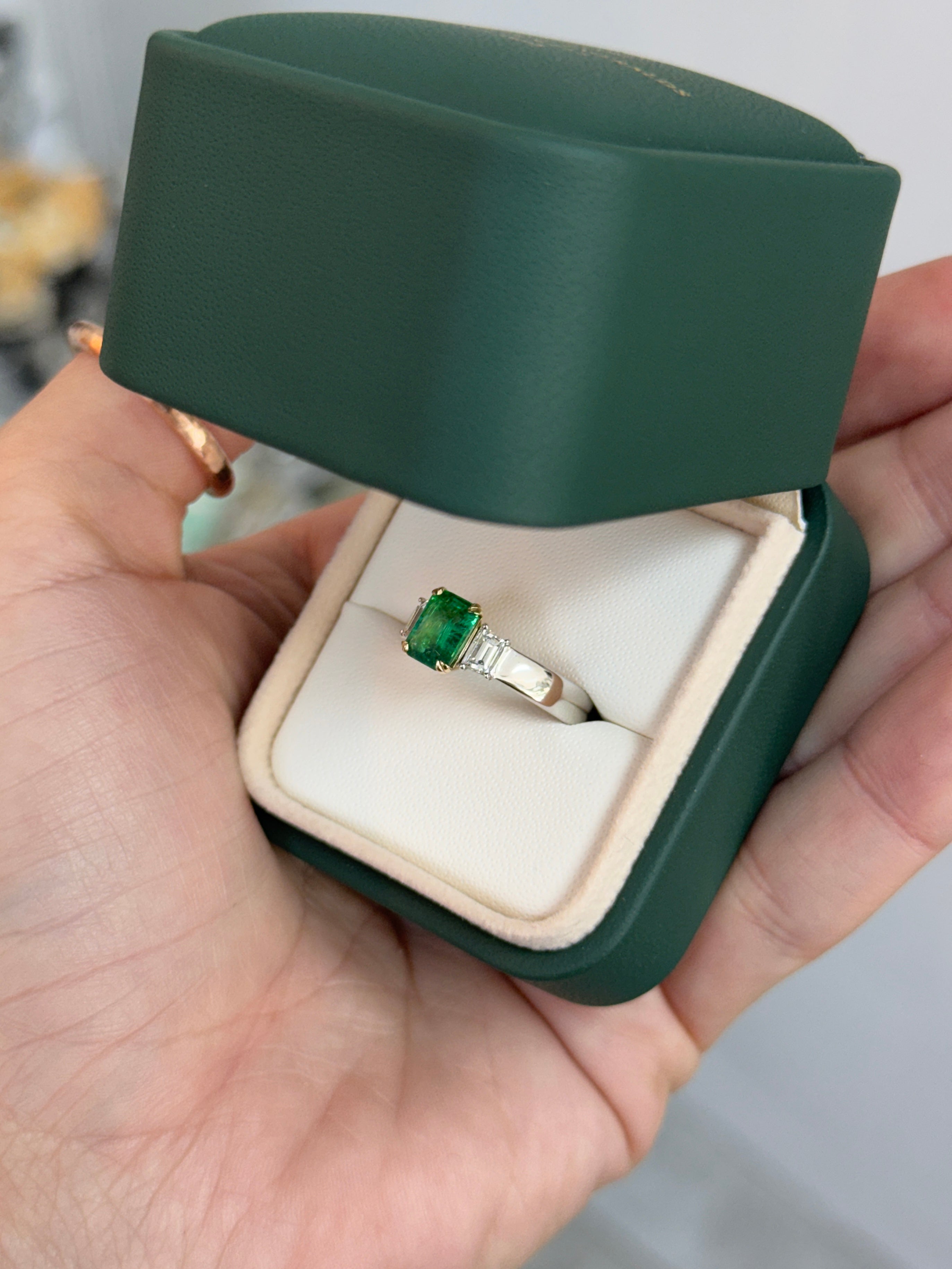 1.81tcw 14K PLAT Natural Emerald Cut Emerald & Trapezoid Diamond Three Stone Ring