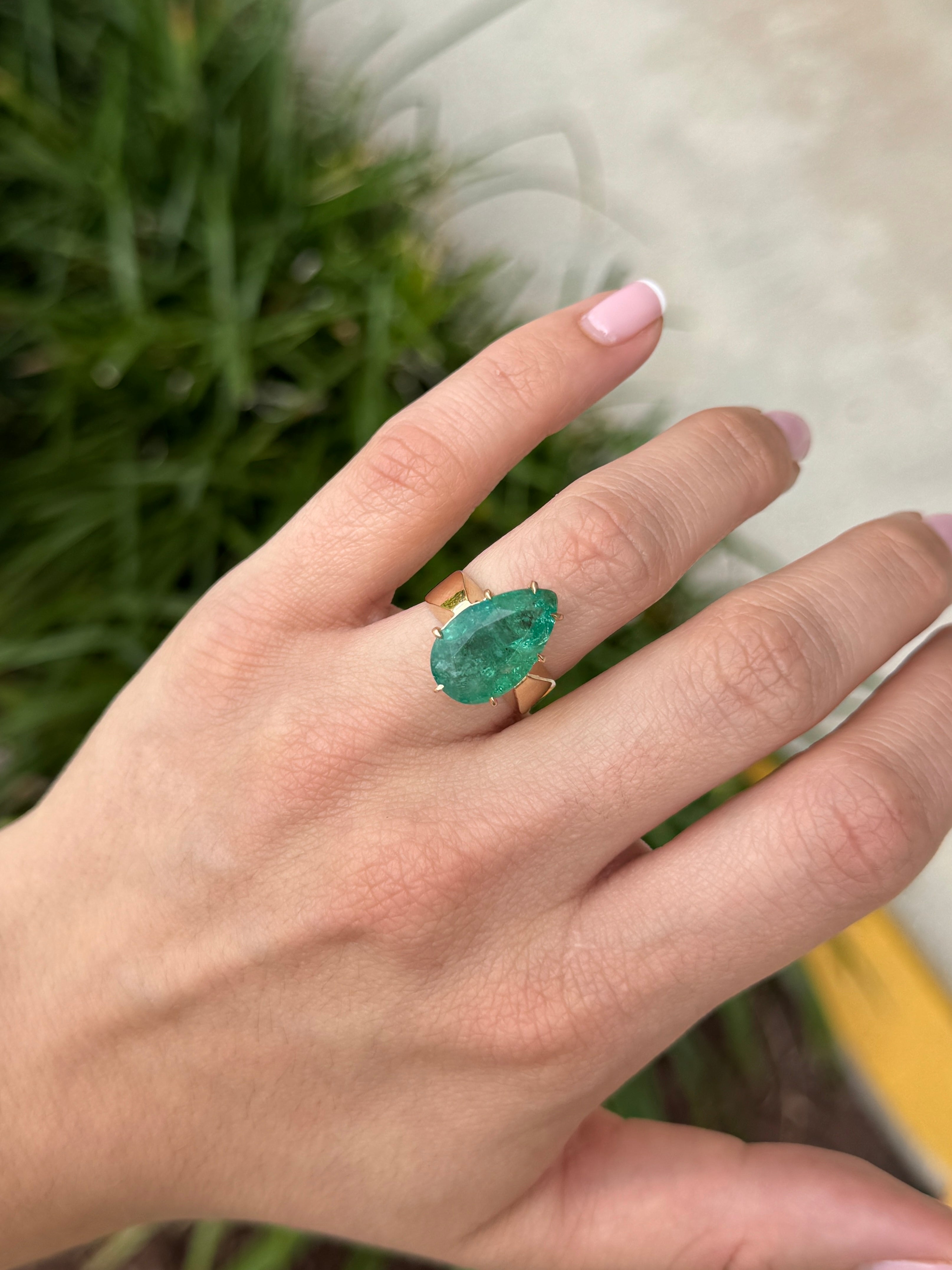 7.60 Carat Old World Pear Cut Emerald Wide Band Multi Prong Solitaire Ring 14K