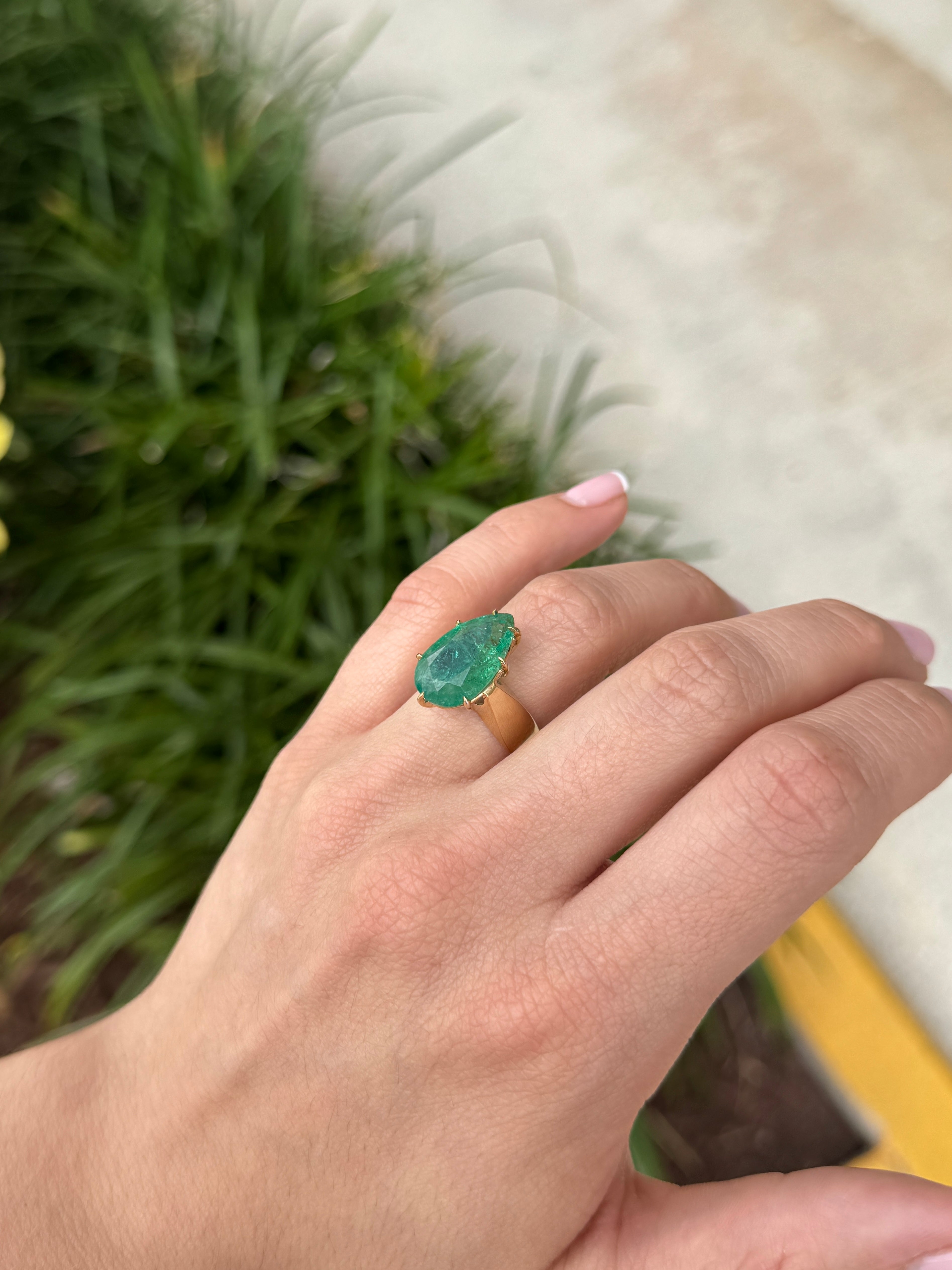 7.60 Carat Old World Pear Cut Emerald Wide Band Multi Prong Solitaire Ring 14K