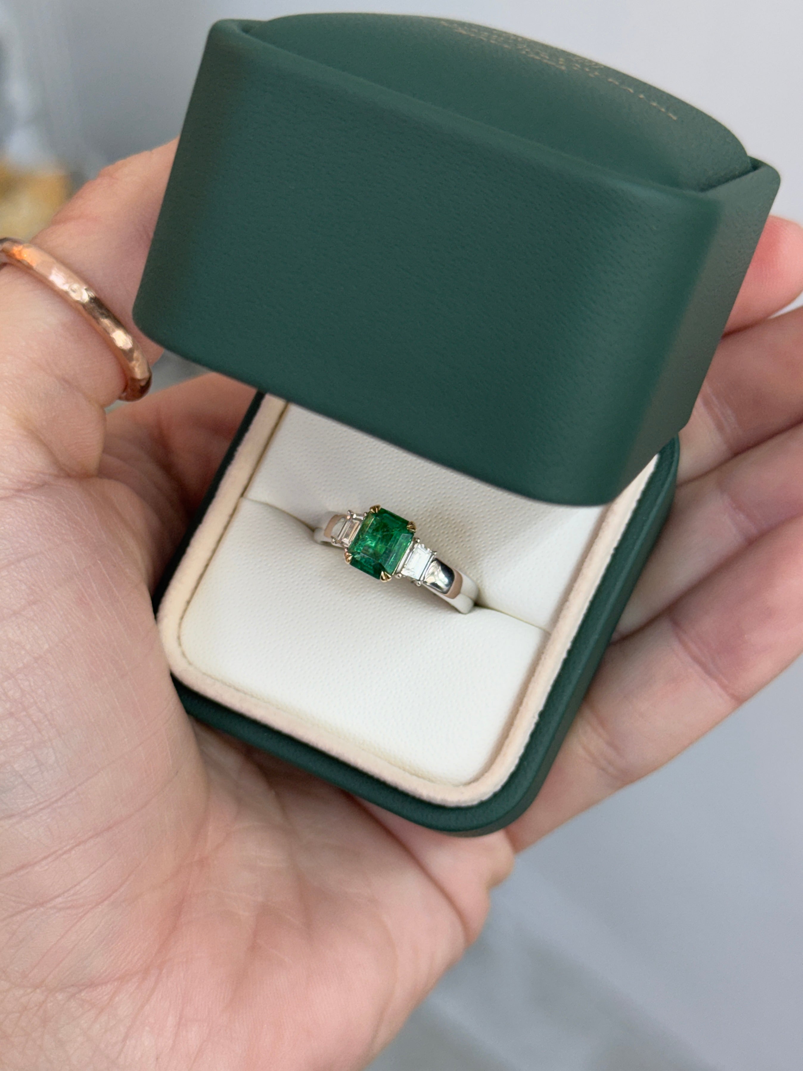 1.81tcw 14K PLAT Natural Emerald Cut Emerald & Trapezoid Diamond Three Stone Ring